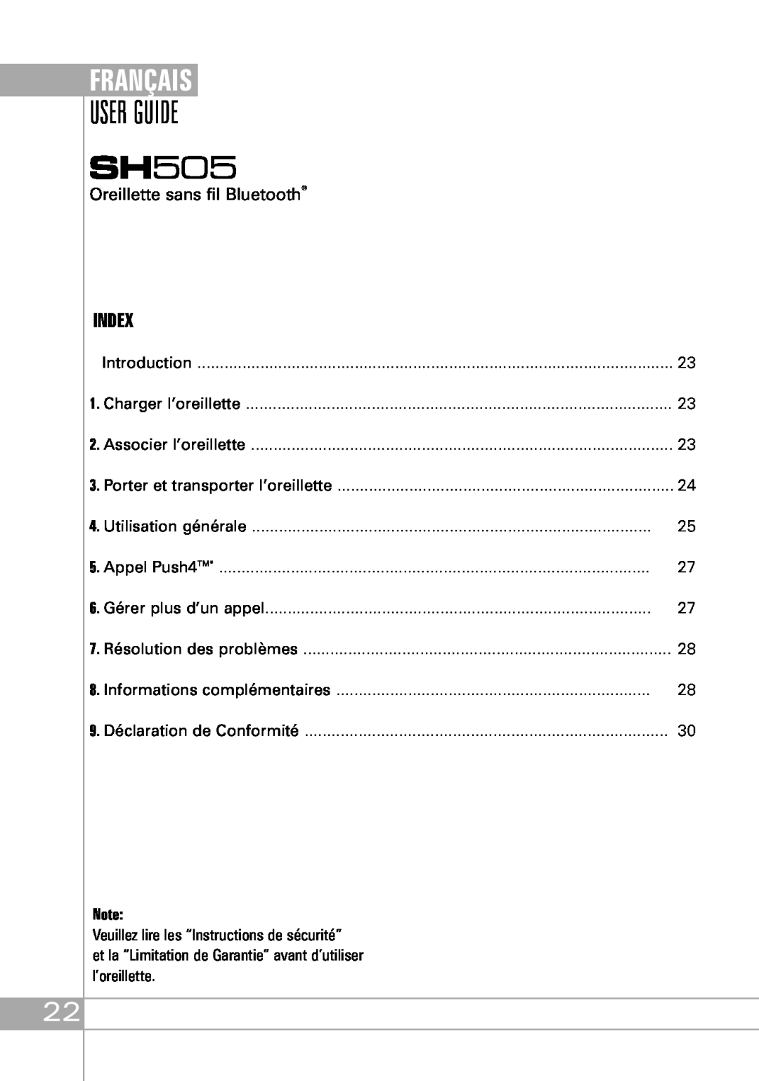 Southwing SH505 manual Français, Oreillette sans fil Bluetooth, User Guide, Index 