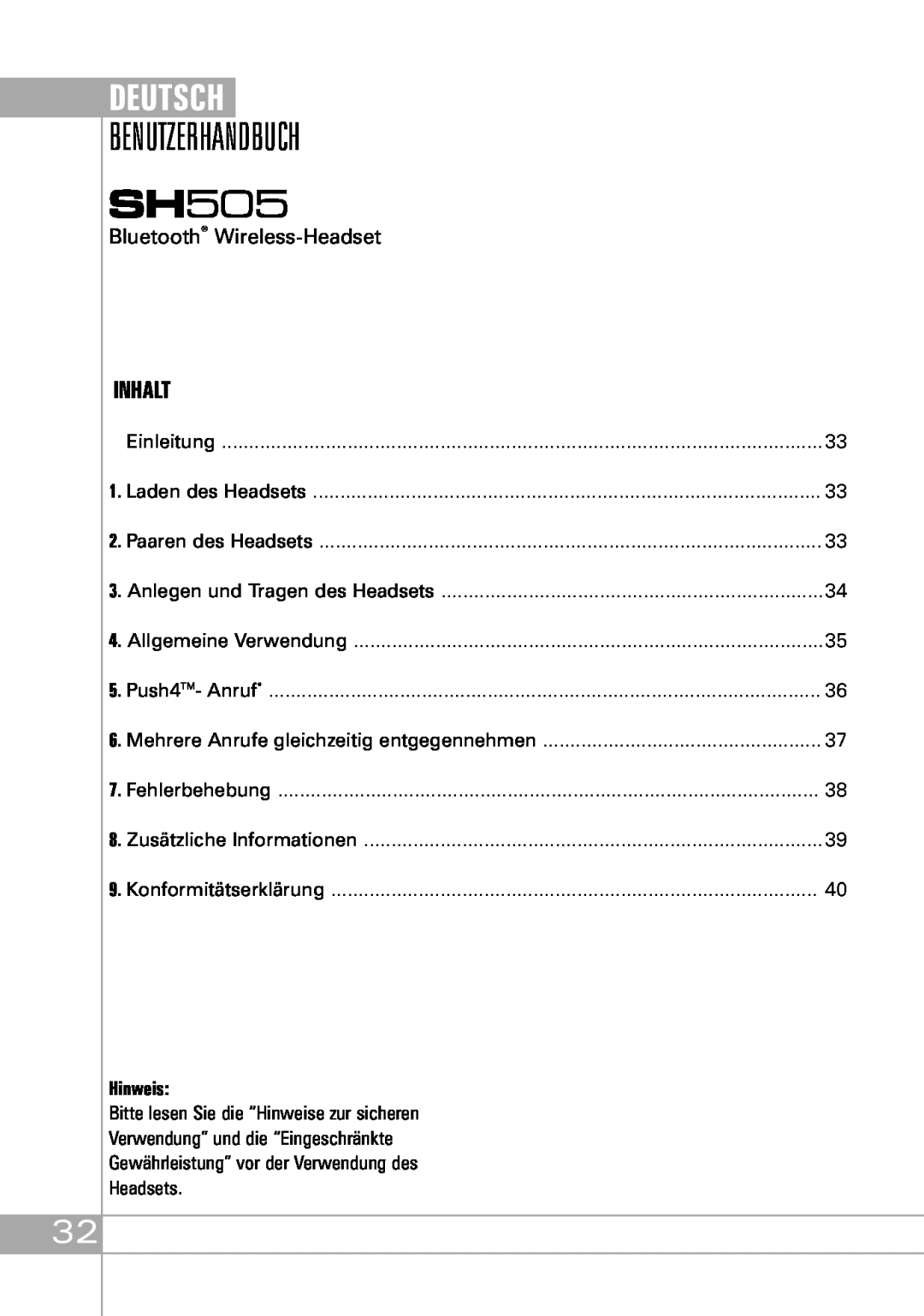 Southwing SH505 manual Benutzerhandbuch, Deutsch, Inhalt, Bluetooth Wireless-Headset, Hinweis 