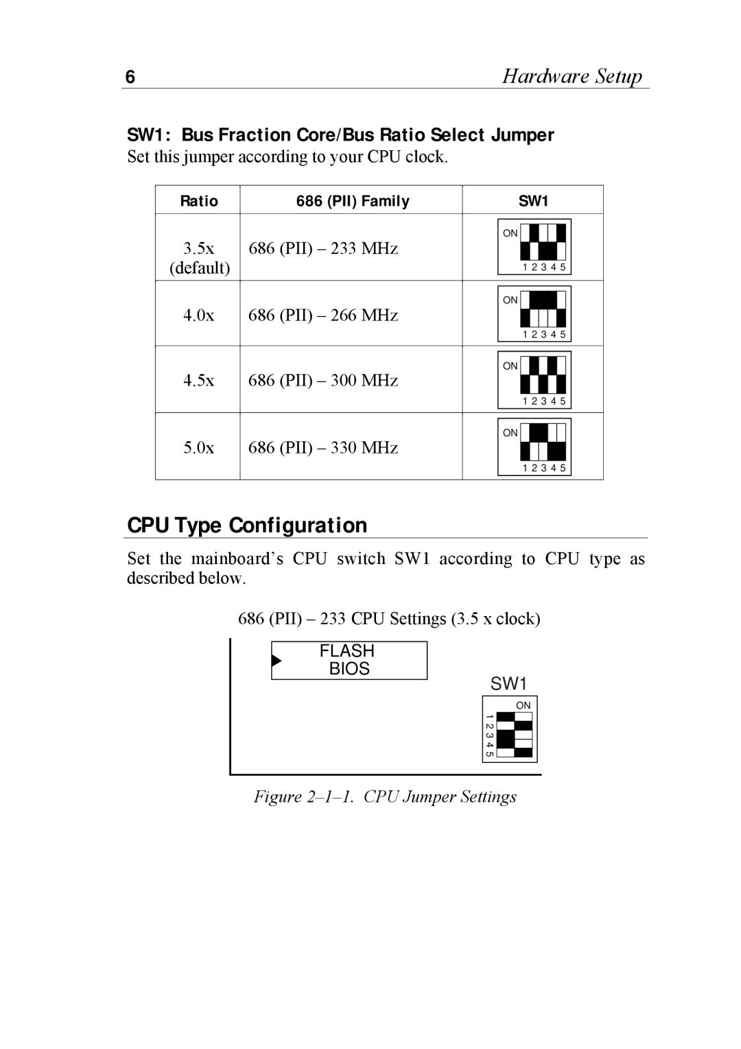 SOYO 6KB82440 manual CPU Type Configuration, SW1 Bus Fraction Core/Bus Ratio Select Jumper 