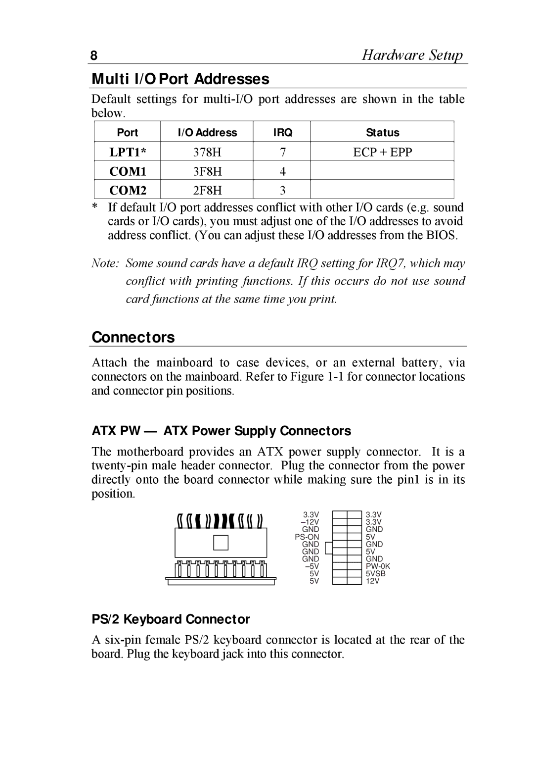 SOYO 6KB82440 manual Multi I/O Port Addresses, ATX PW ATX Power Supply Connectors, PS/2 Keyboard Connector 