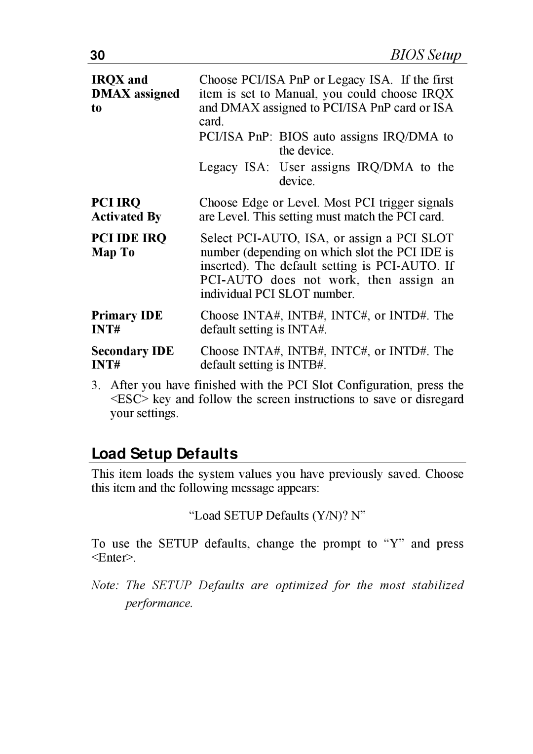 SOYO 6KB82440 manual Load Setup Defaults, Pci Irq, Pci Ide Irq, Int# 