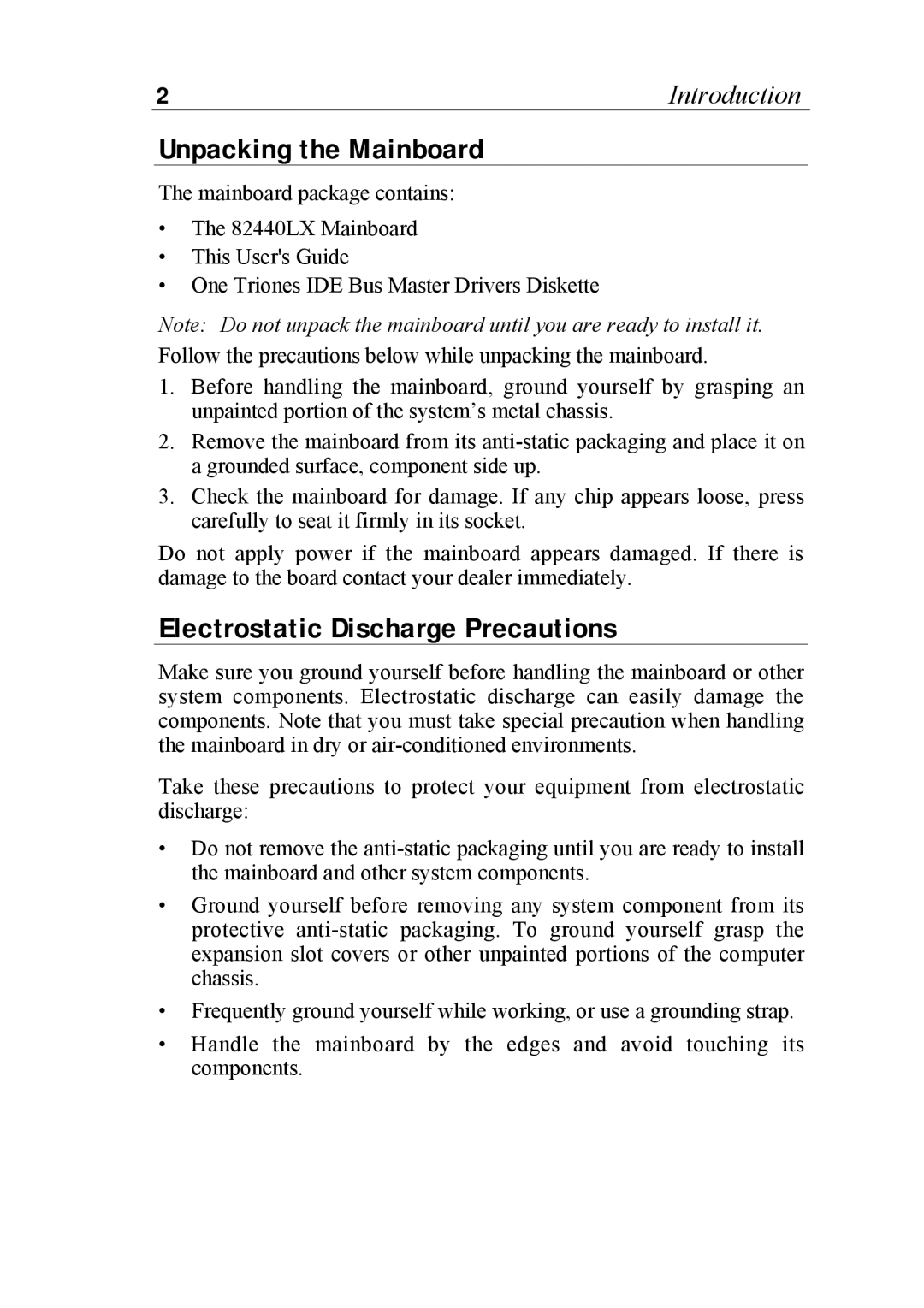 SOYO 6KB82440 manual Unpacking the Mainboard, Electrostatic Discharge Precautions 