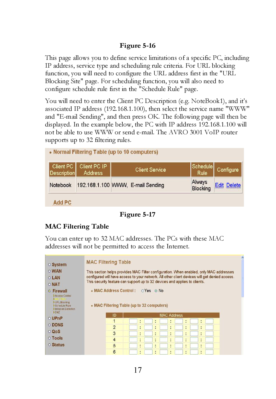 SOYO AVRO3001 user manual MAC Filtering Table 