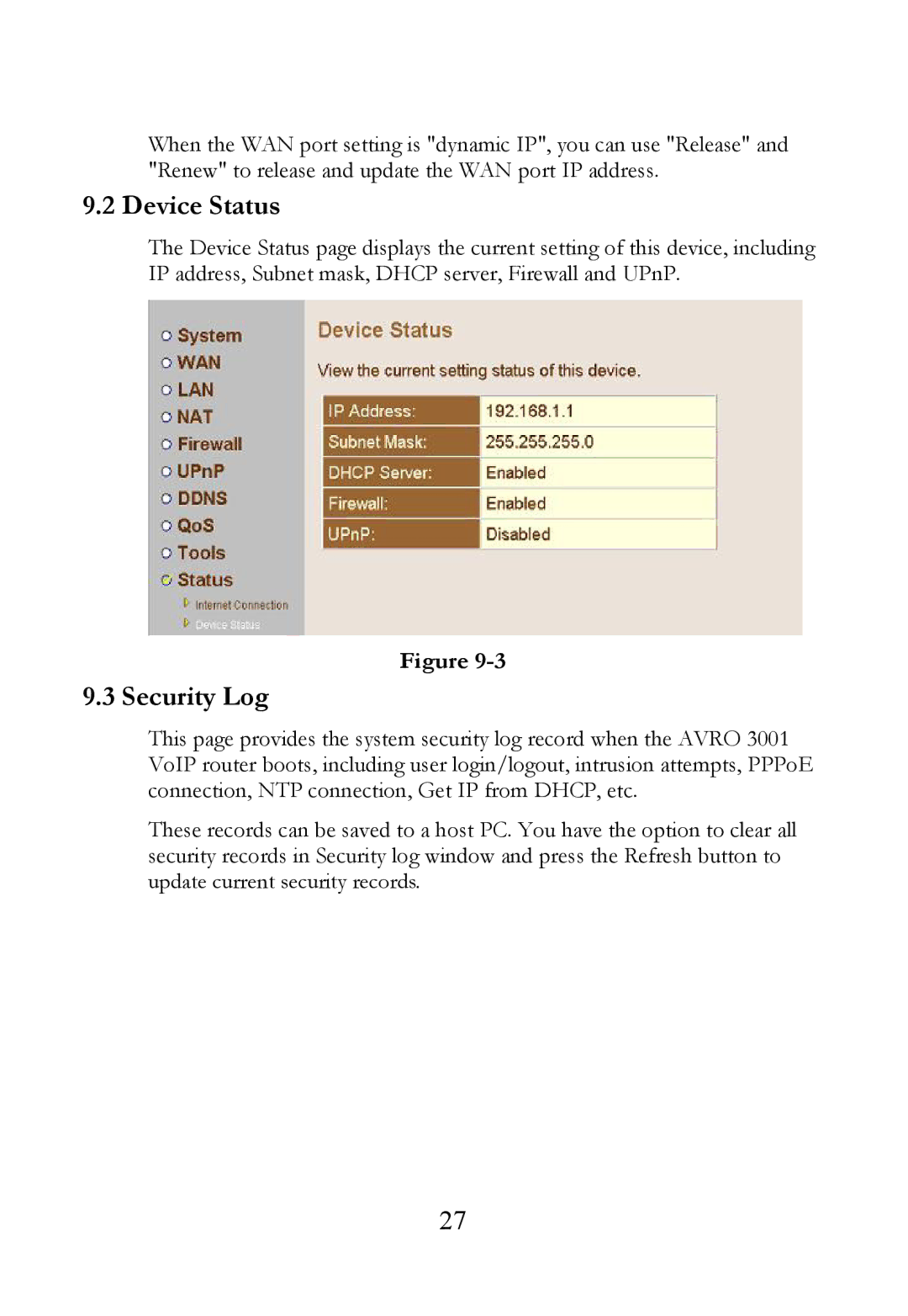 SOYO AVRO3001 user manual Device Status, Security Log 