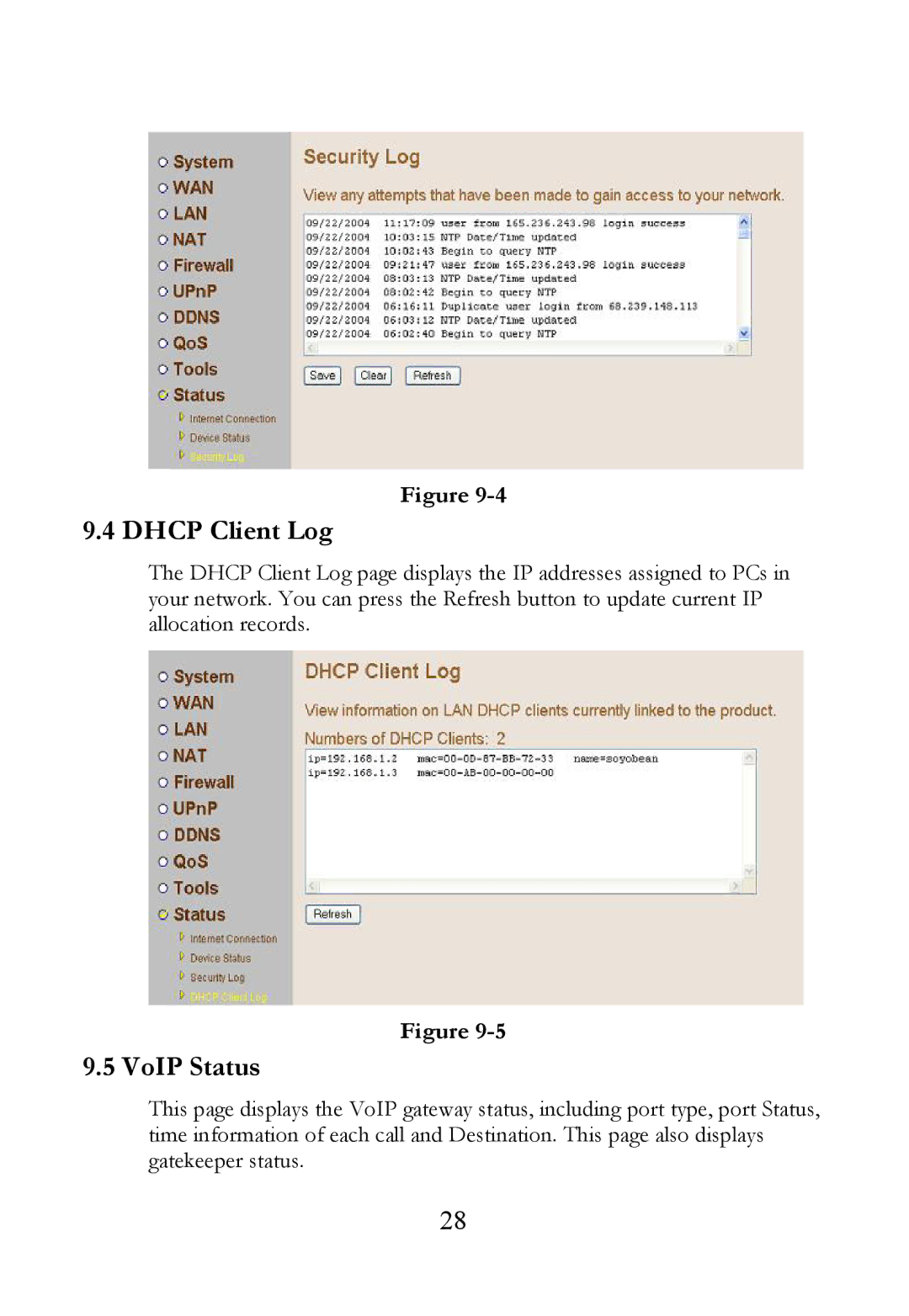 SOYO AVRO3001 user manual Dhcp Client Log, VoIP Status 