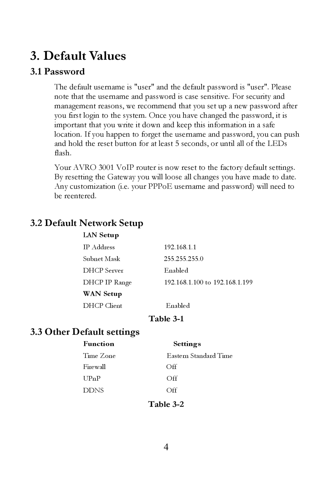 SOYO AVRO3001 user manual Default Values, Password, Default Network Setup, Other Default settings 