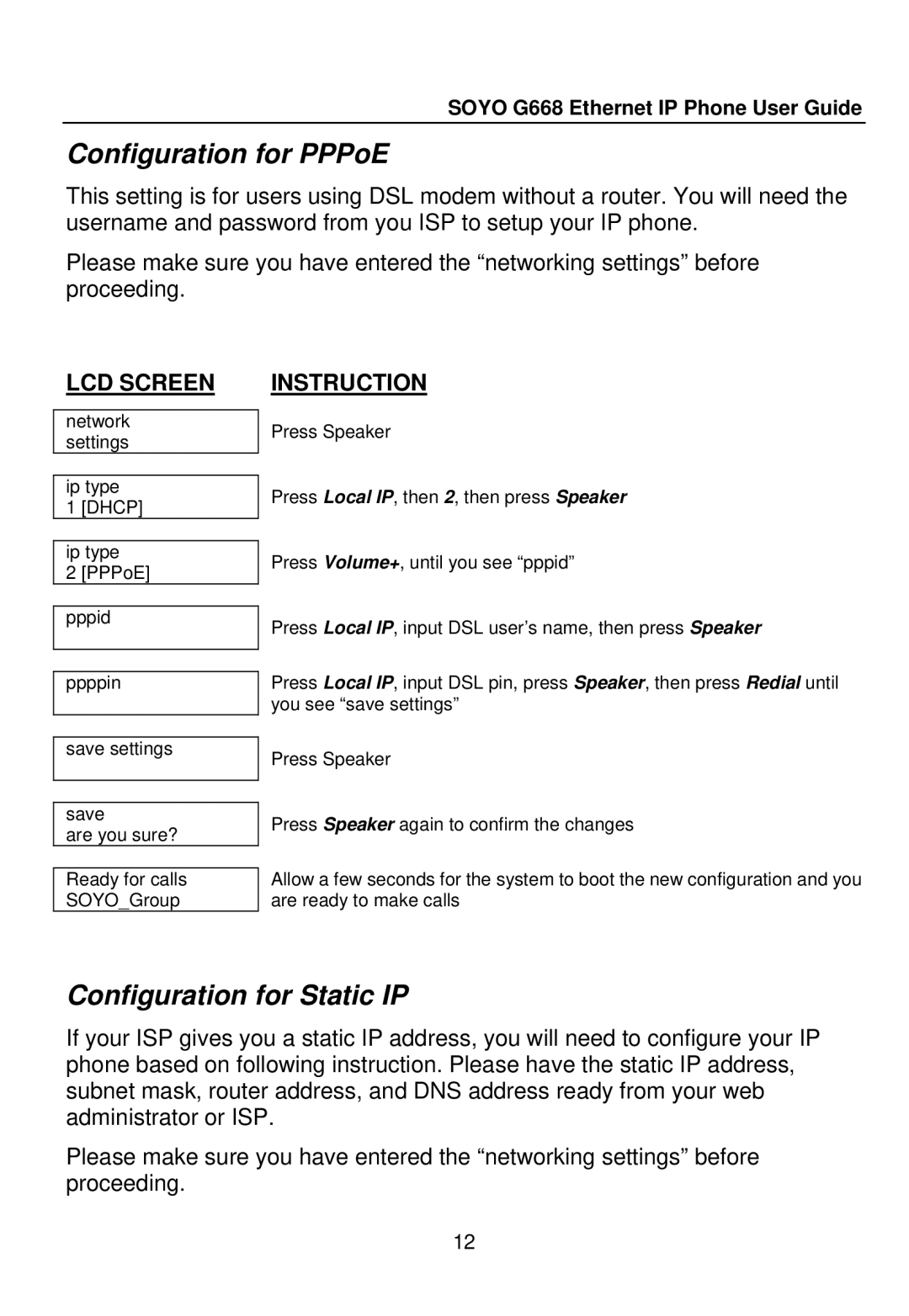 SOYO G668 manual Configuration for PPPoE, Configuration for Static IP 