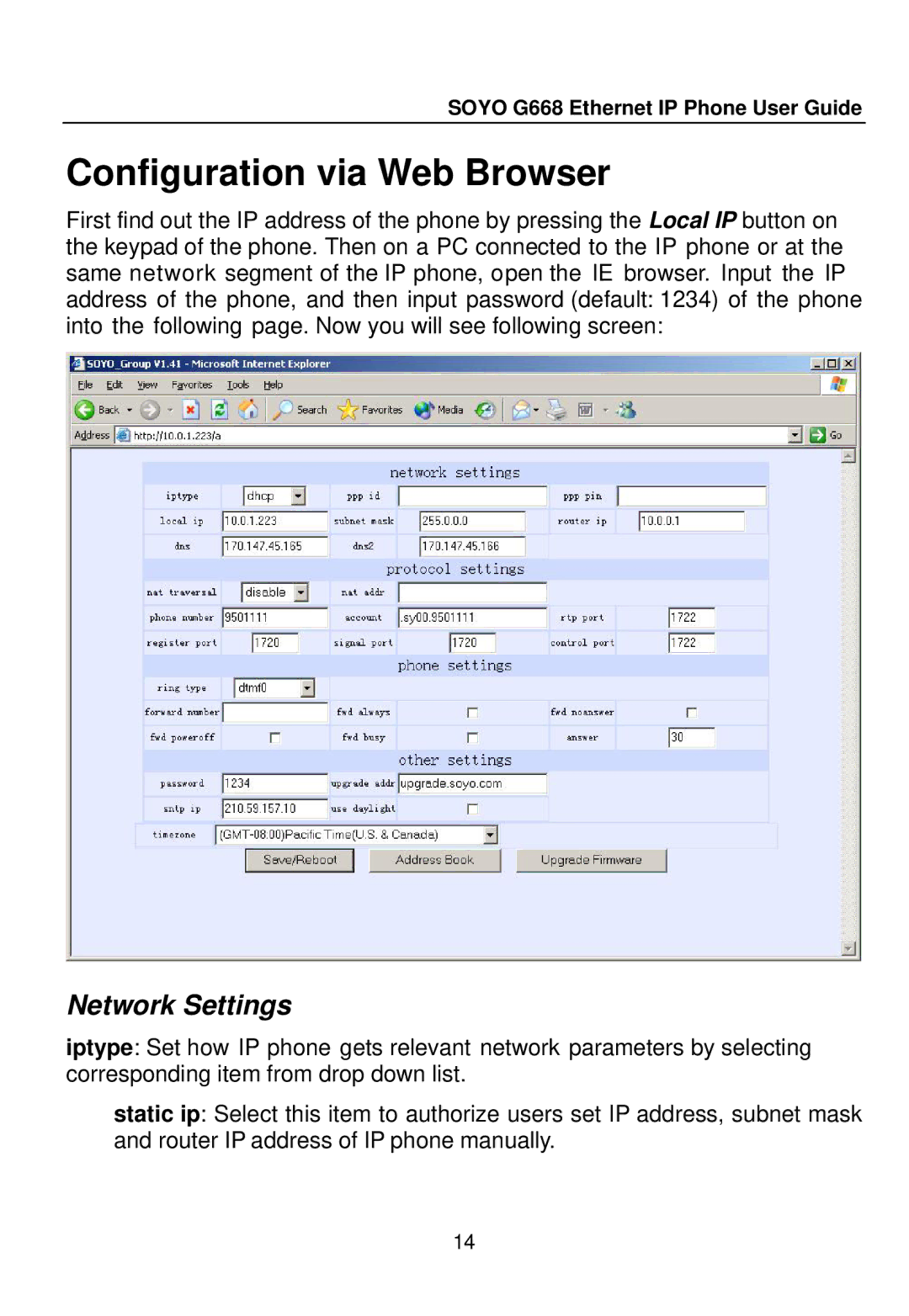 SOYO G668 manual Configuration via Web Browser, Network Settings 