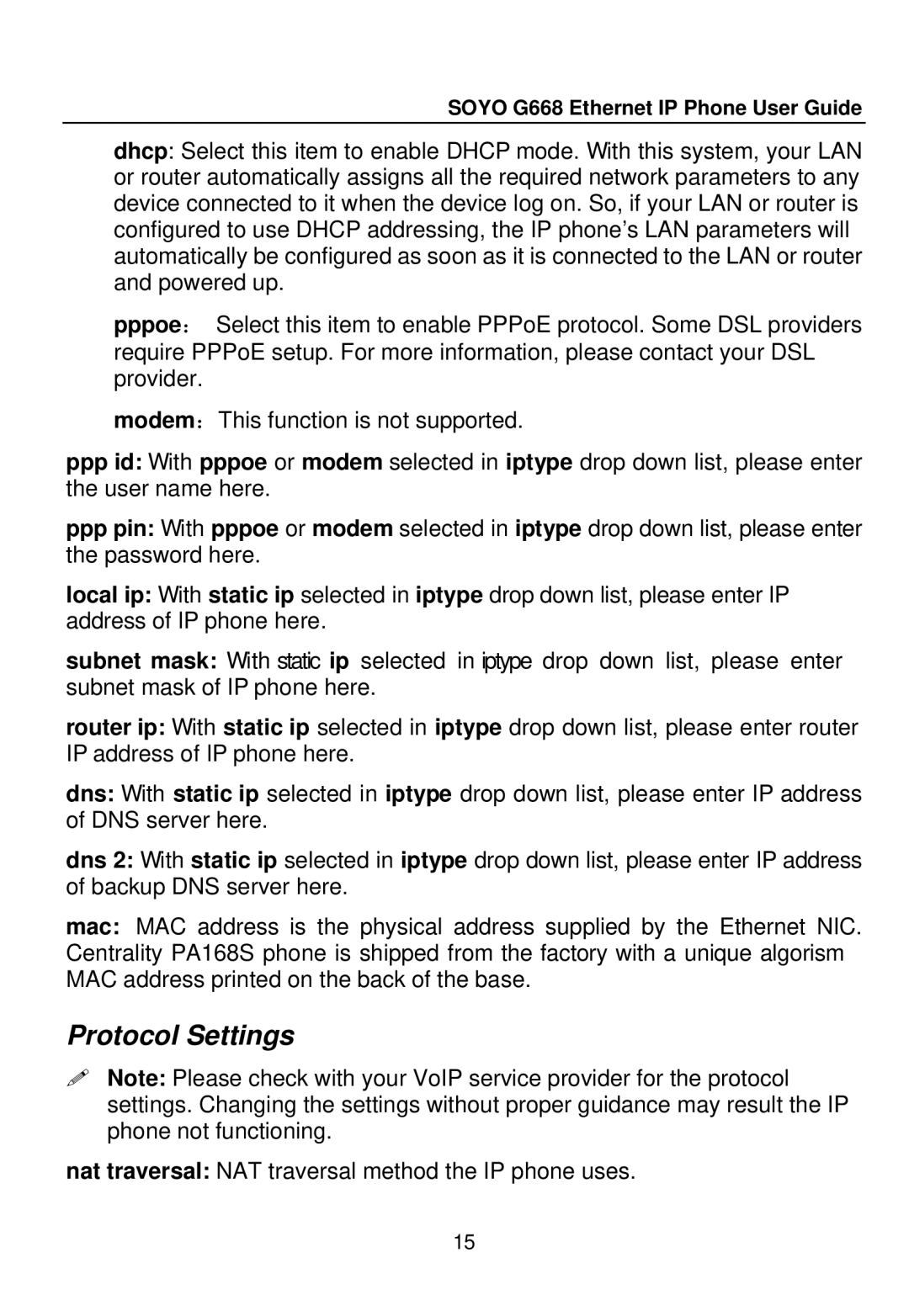 SOYO G668 manual Protocol Settings 