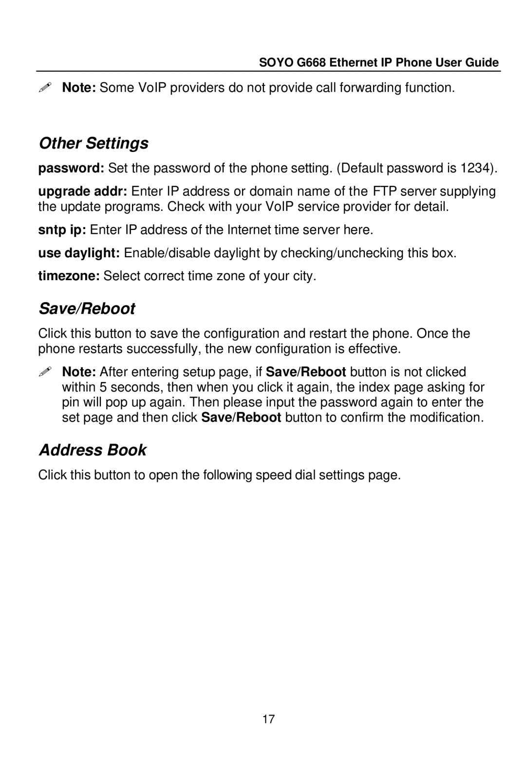SOYO G668 manual Other Settings, Save/Reboot, Address Book 