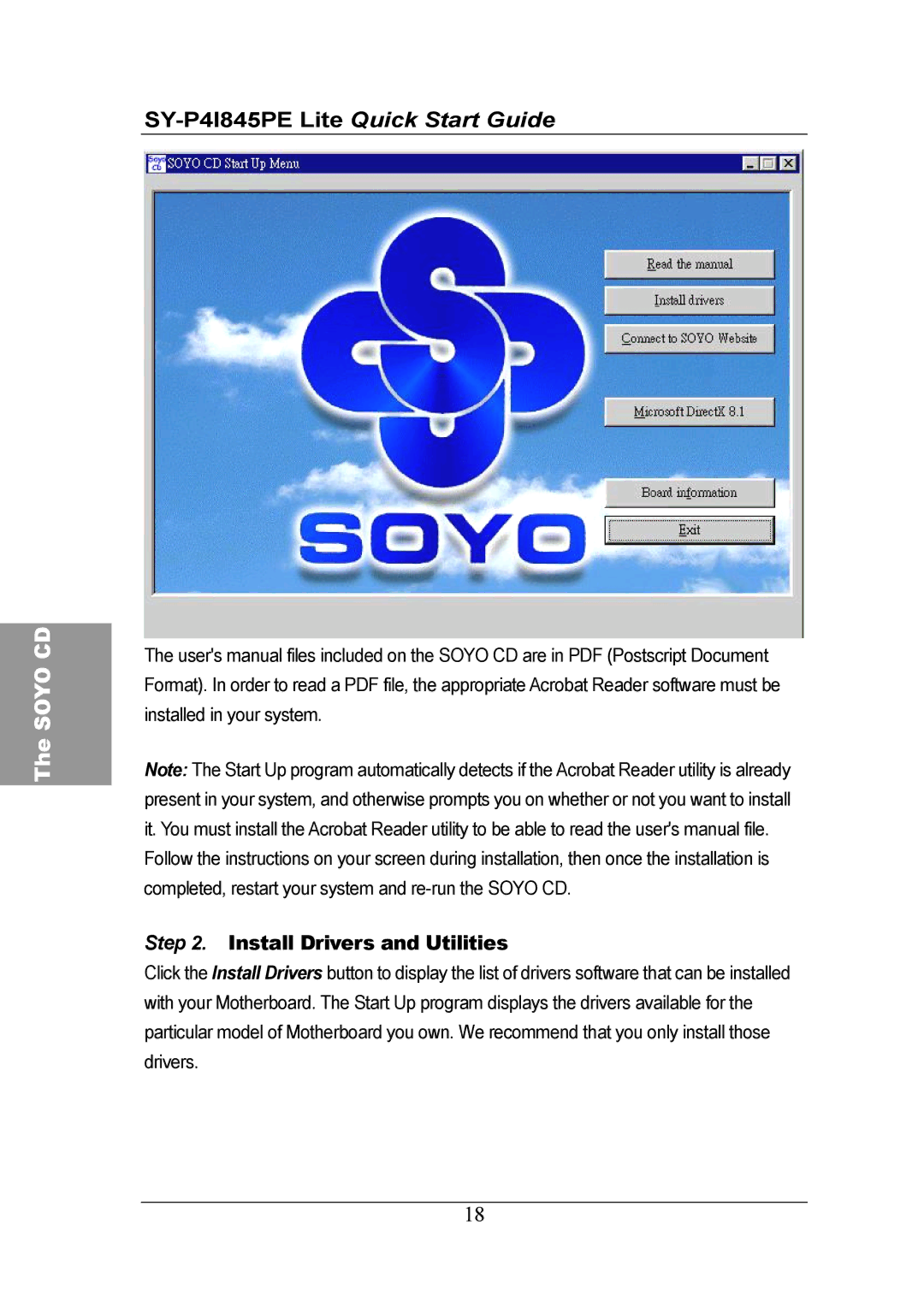 SOYO Lite Motherboard, SY-P41845PE quick start Install Drivers and Utilities 