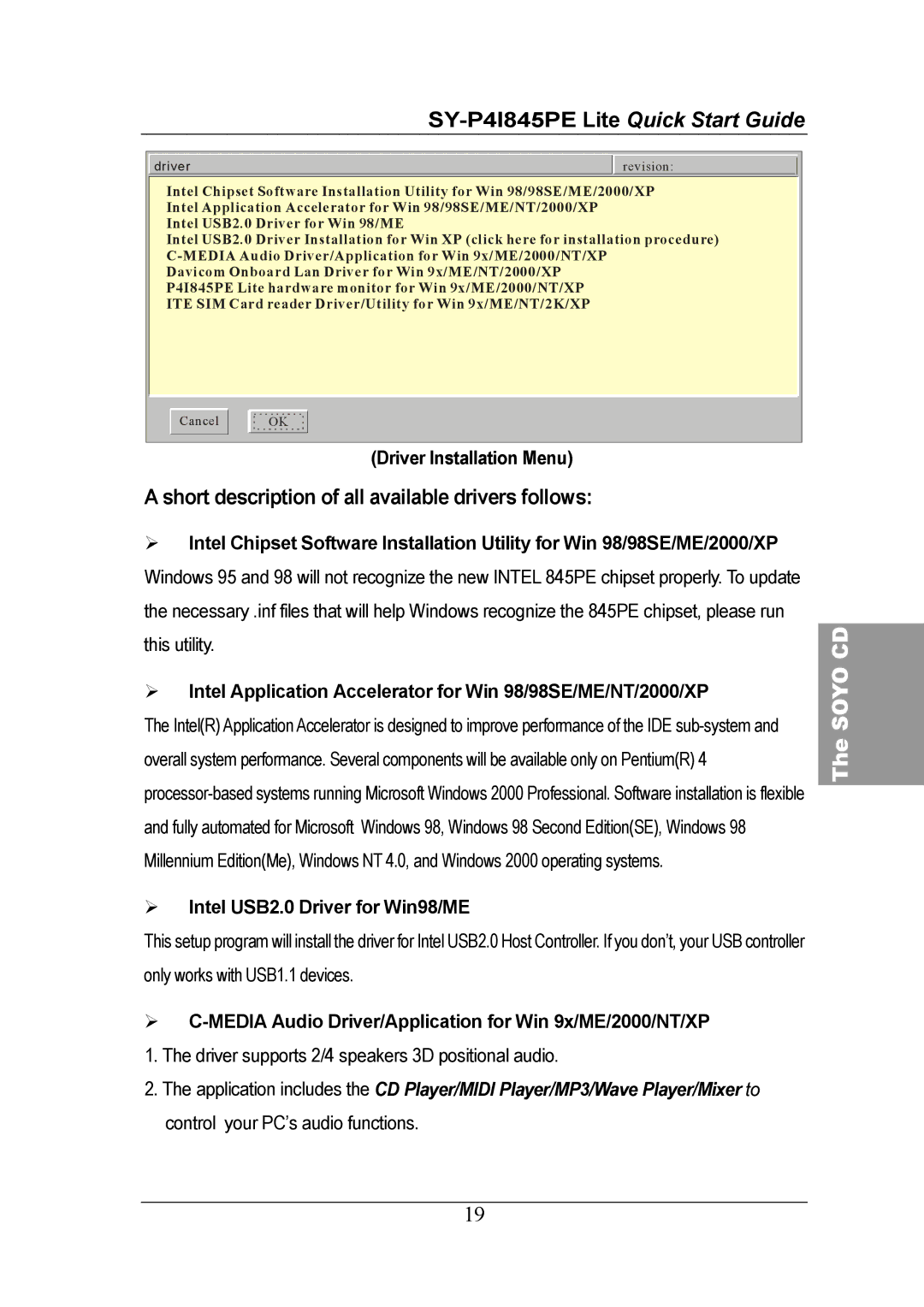 SOYO SY-P41845PE, Lite Motherboard quick start Short description of all available drivers follows, Driver Installation Menu 