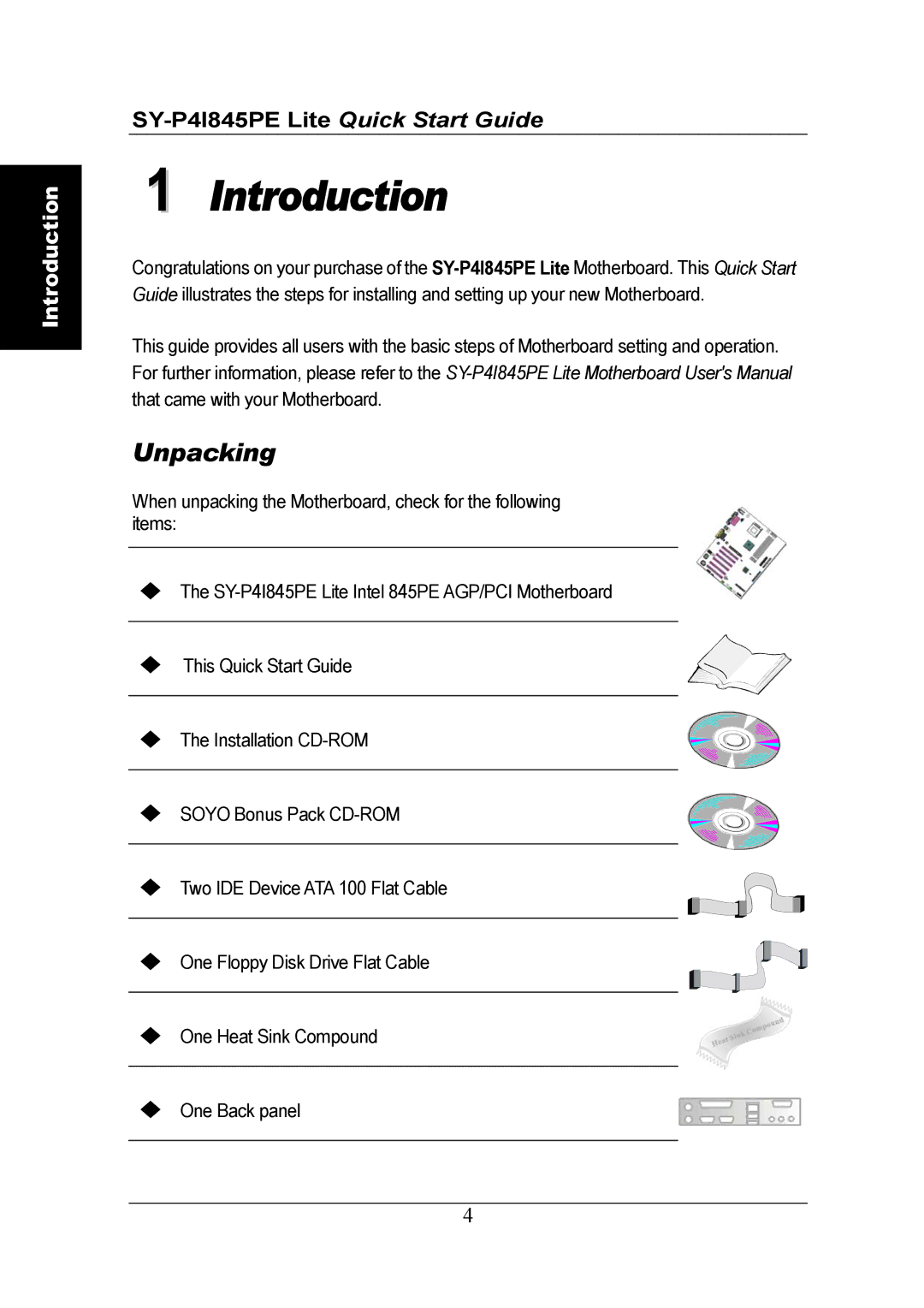 SOYO Lite Motherboard, SY-P41845PE quick start Introduction, SY-P4I845PE Lite Quick Start Guide 