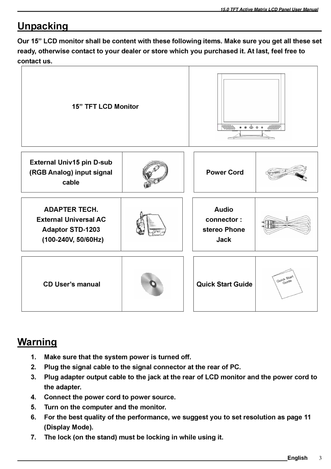 SOYO M15ES manual Unpacking, Adapter Tech 