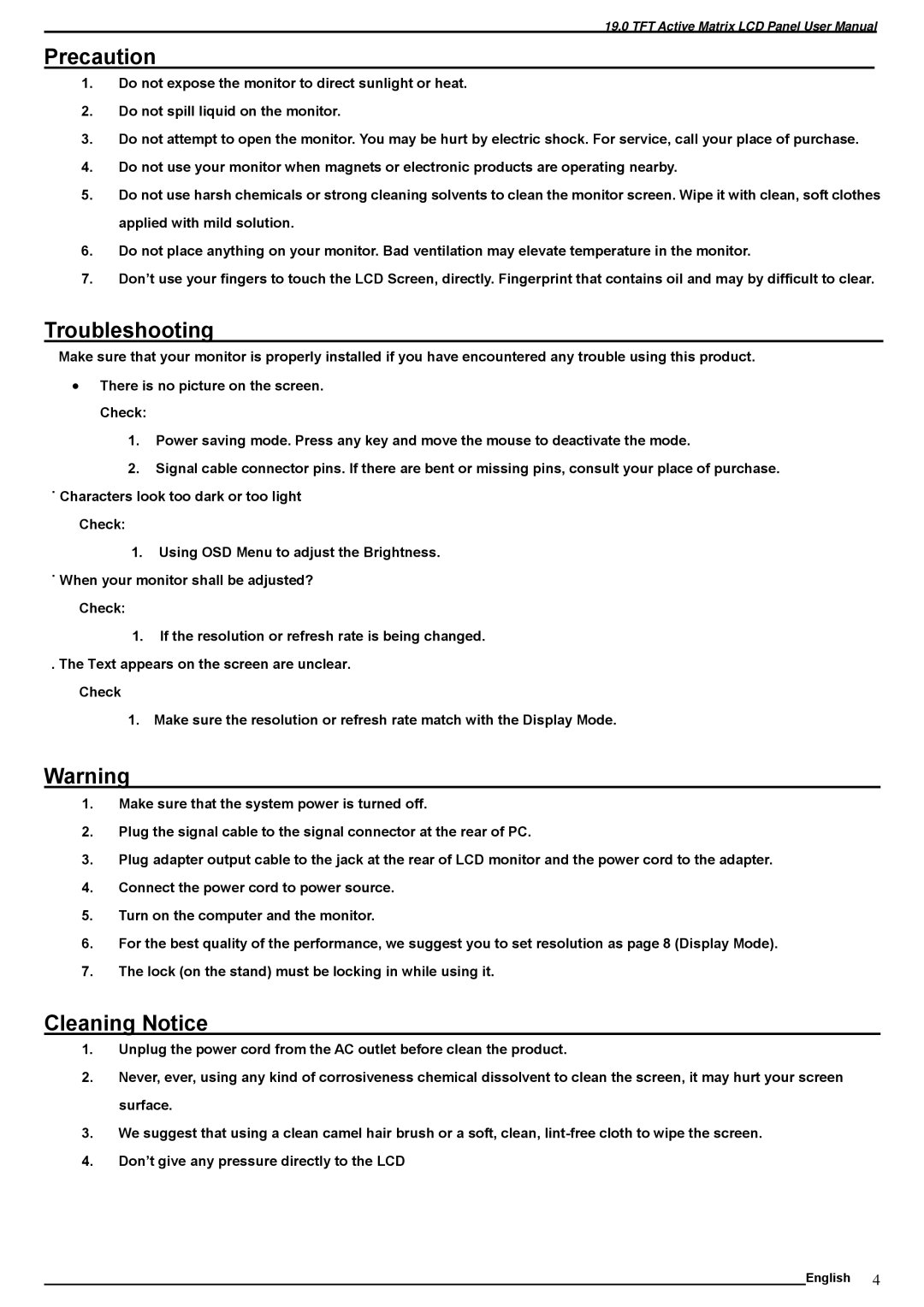 SOYO M19GS manual Precaution, Troubleshooting, Cleaning Notice 