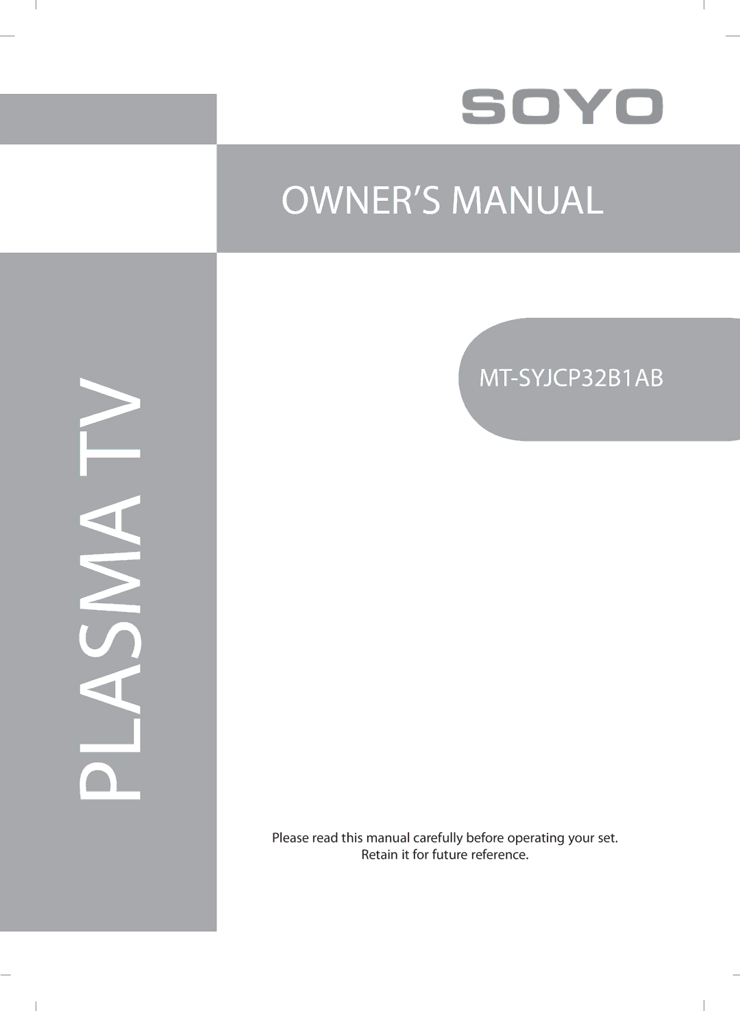 SOYO MT-SYJCP32B1AB owner manual Plasma TV 