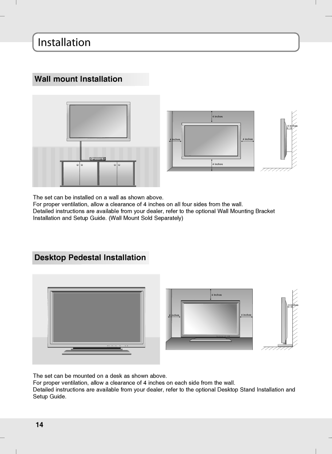 SOYO MT-SYJCP32B1AB owner manual Wall mount Installation, Desktop Pedestal Installation 