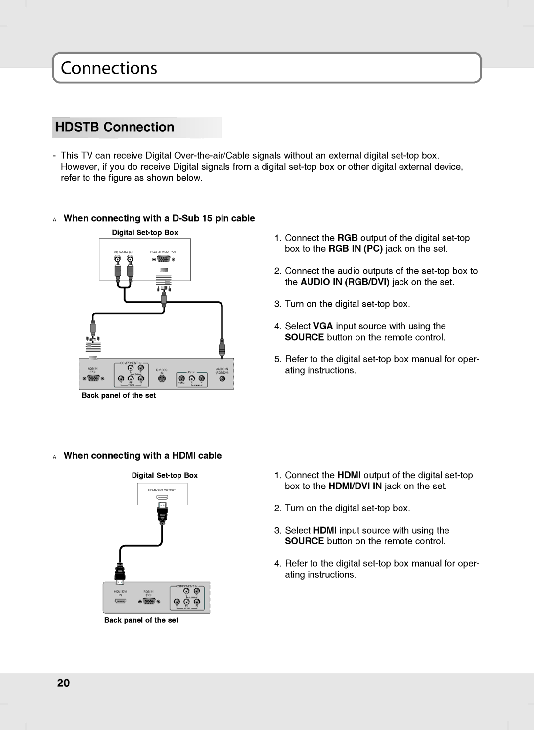 SOYO MT-SYJCP32B1AB Hdstb Connection, When connecting with a D-Sub 15 pin cable, When connecting with a HDMI cable 