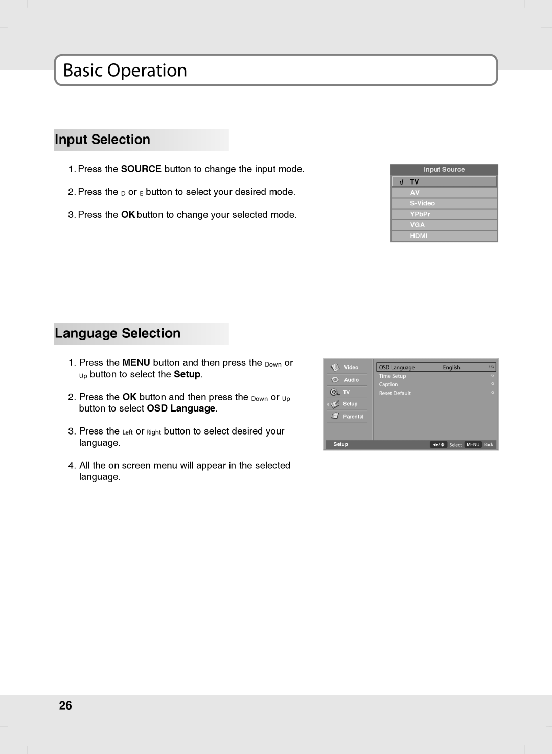 SOYO MT-SYJCP32B1AB owner manual Input Selection, Language Selection 