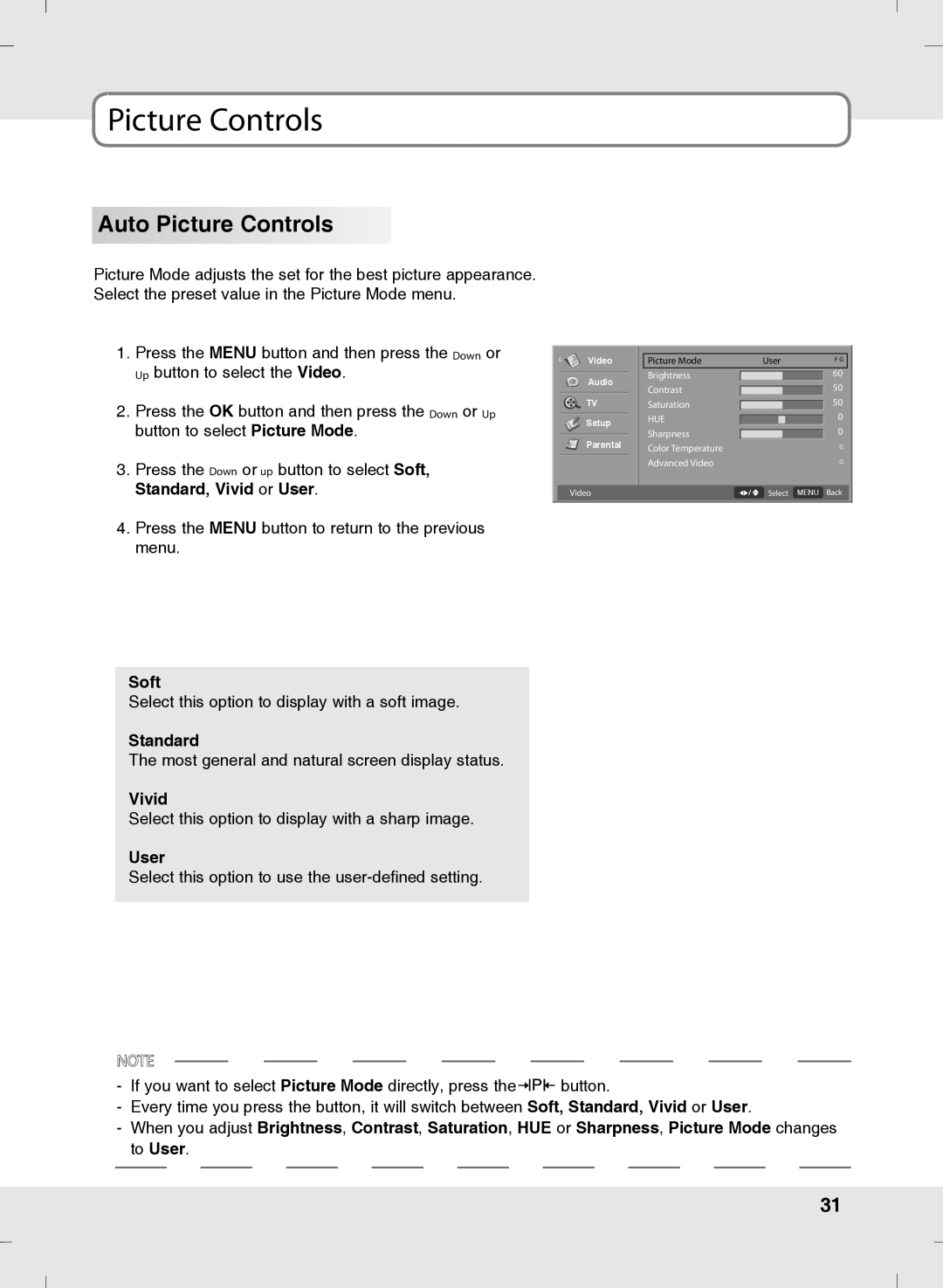 SOYO MT-SYJCP32B1AB owner manual Auto Picture Controls 