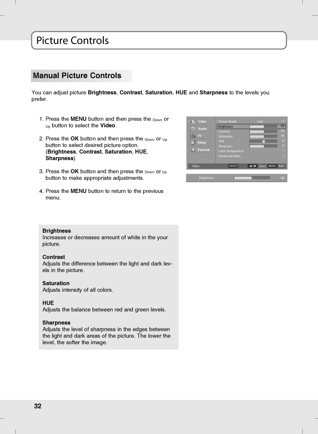 SOYO MT-SYJCP32B1AB owner manual Manual Picture Controls, Hue 