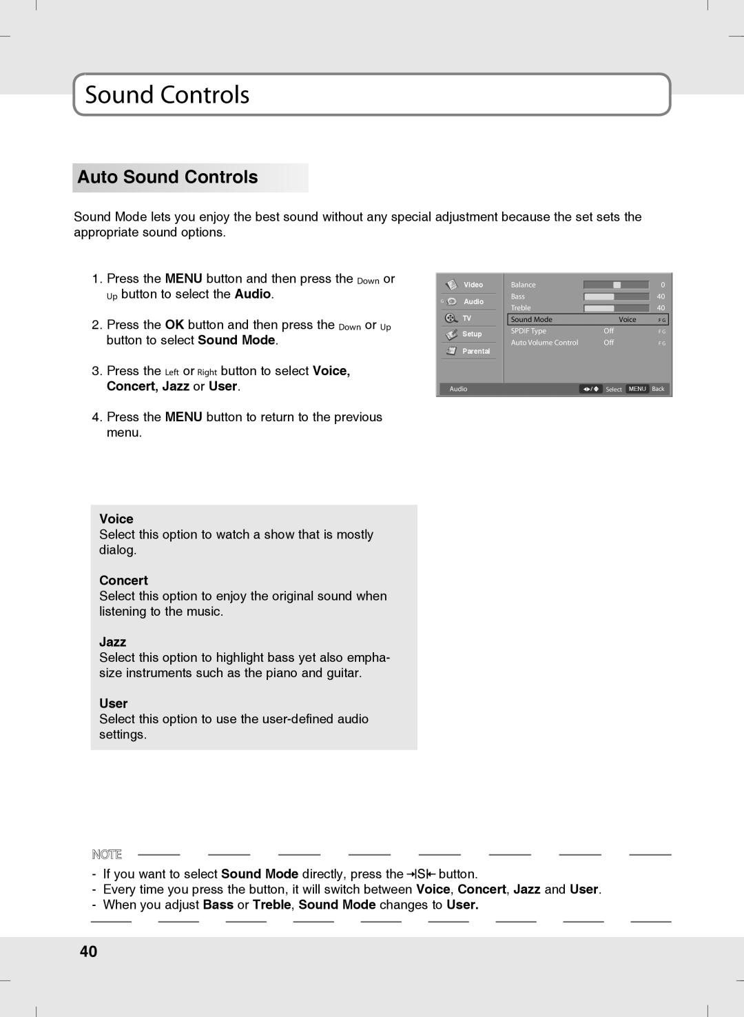 SOYO MT-SYJCP32B1AB owner manual Auto Sound Controls, Voice, Concert, Jazz 