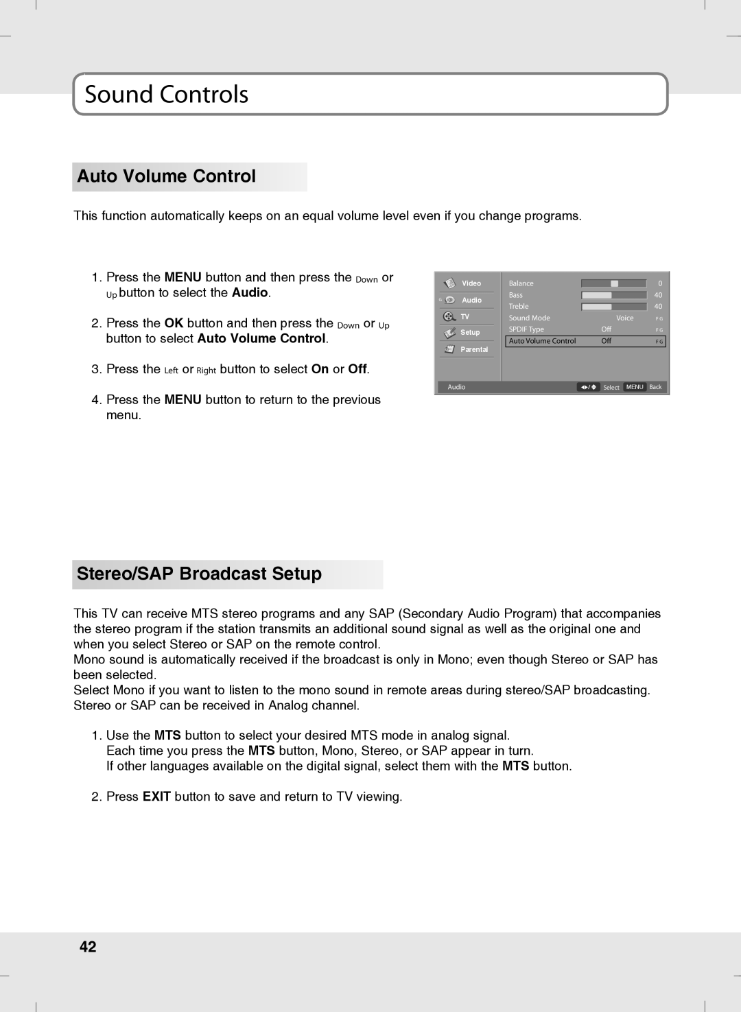 SOYO MT-SYJCP32B1AB owner manual Auto Volume Control, Stereo/SAP Broadcast Setup 