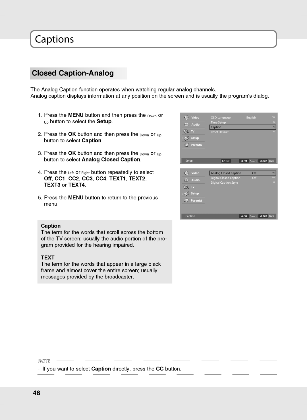 SOYO MT-SYJCP32B1AB owner manual Captions, Closed Caption-Analog, Text 