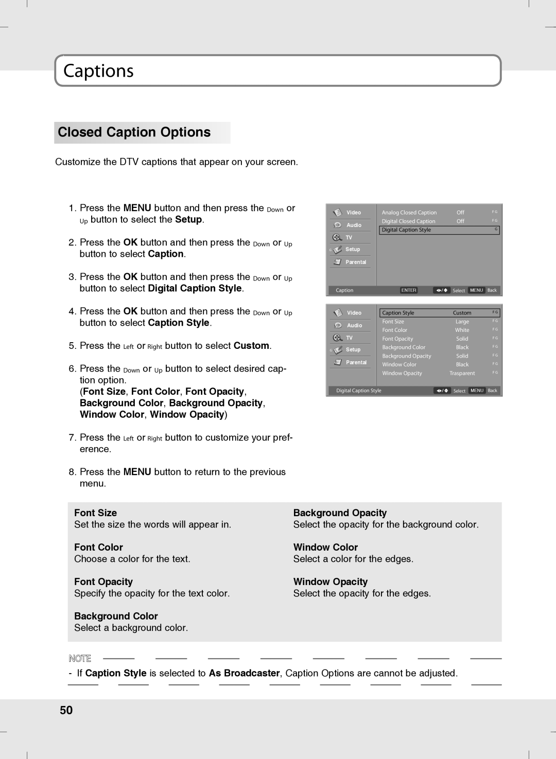 SOYO MT-SYJCP32B1AB owner manual Closed Caption Options 