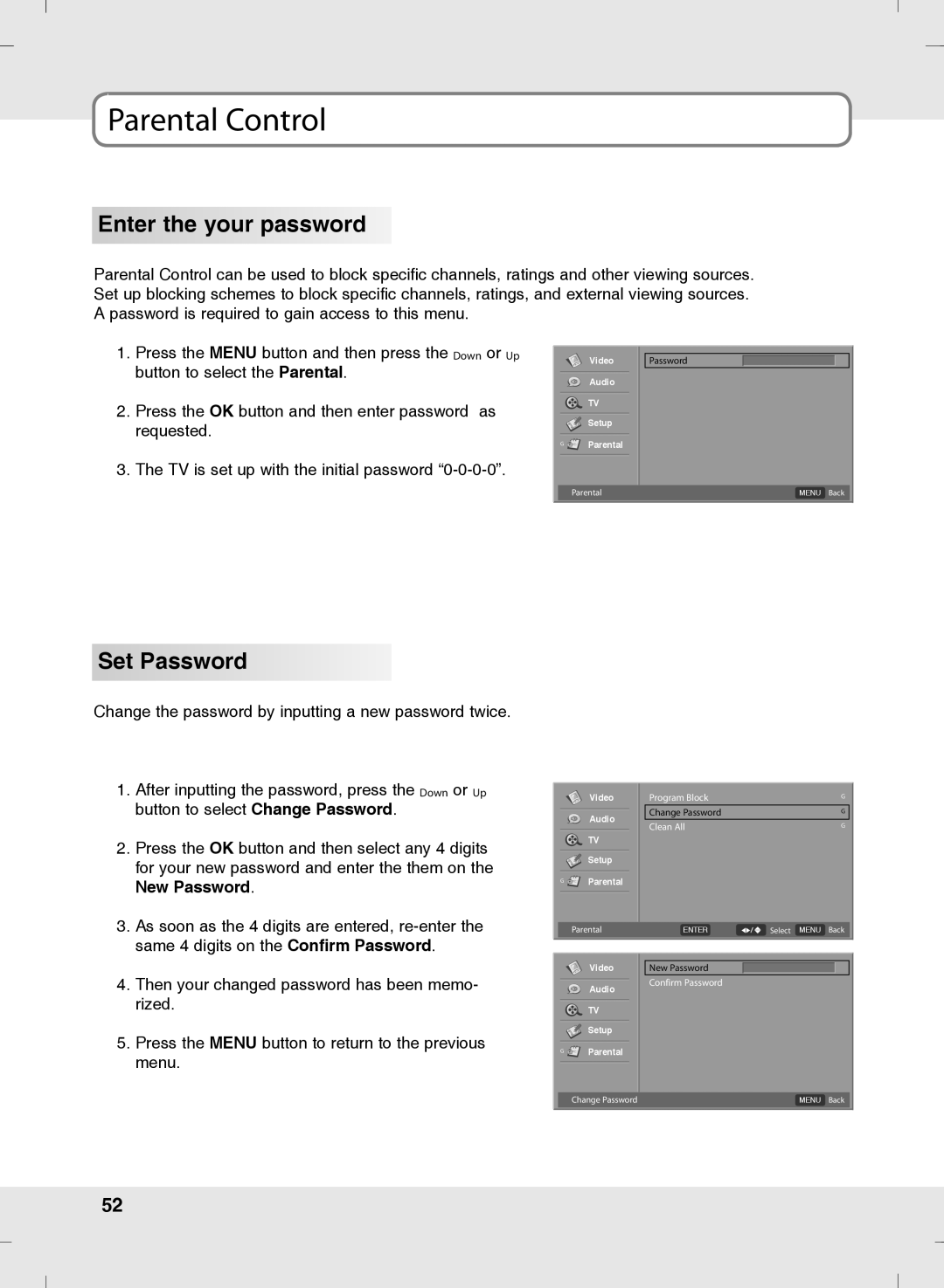 SOYO MT-SYJCP32B1AB owner manual Parental Control, Enter the your password, Set Password 