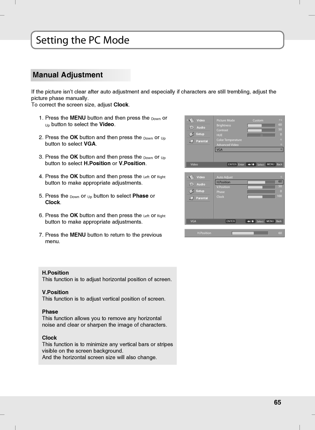 SOYO MT-SYJCP32B1AB owner manual Manual Adjustment, Position, Phase, Clock 