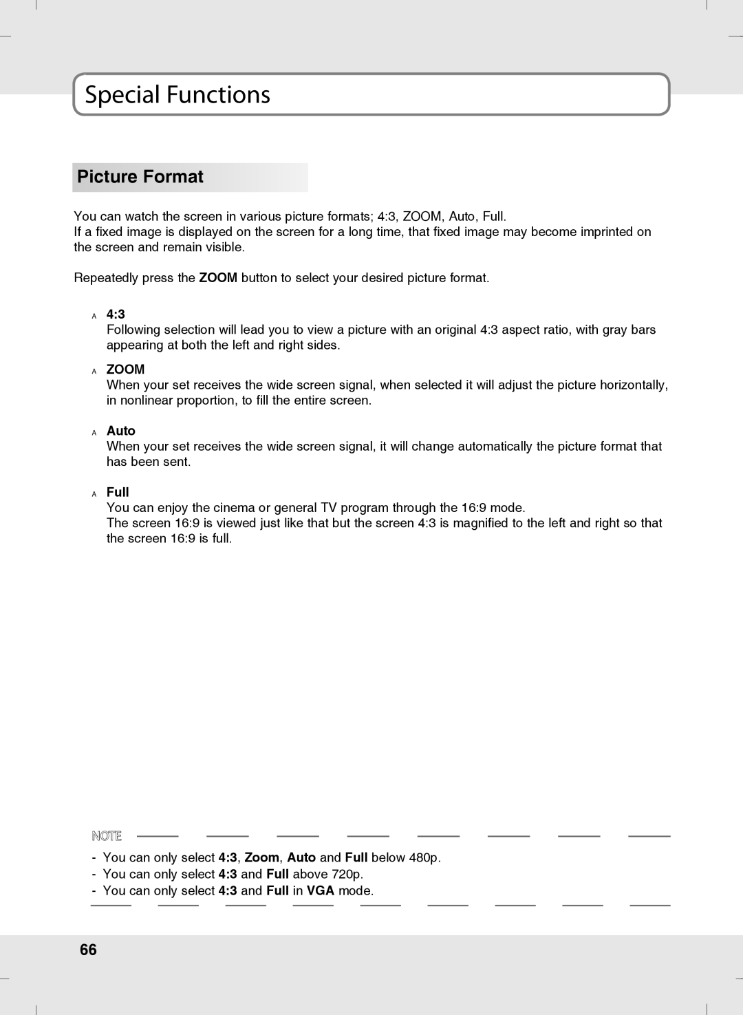 SOYO MT-SYJCP32B1AB owner manual Special Functions, Picture Format, Zoom, Full 