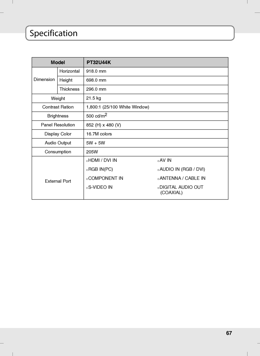 SOYO MT-SYJCP32B1AB owner manual Specification, Model PT32U44K 