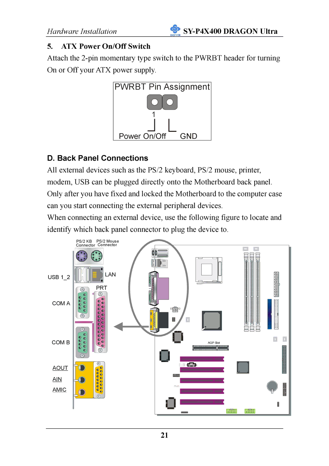 SOYO P4X400 specifications ATX Power On/Off Switch, Back Panel Connections 