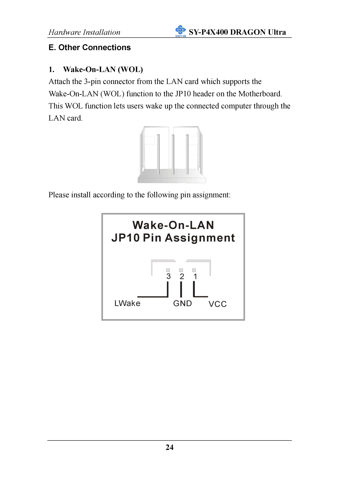 SOYO P4X400 specifications Other Connections, Wake-On-LAN WOL 