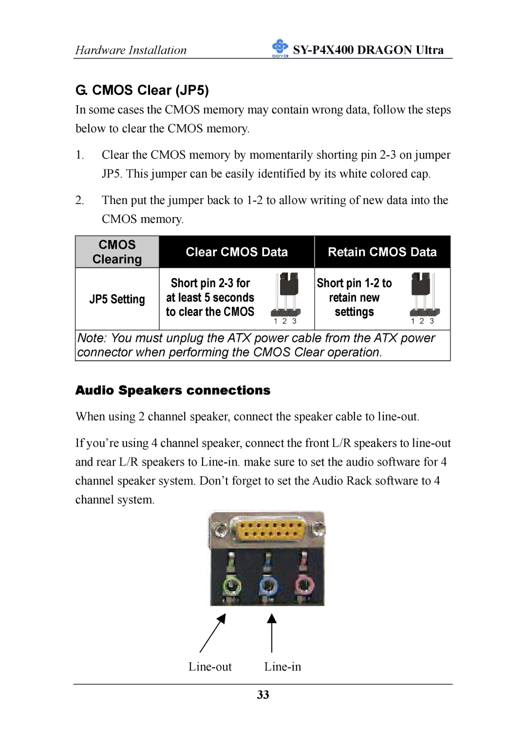 SOYO P4X400 specifications Cmos Clear JP5, Audio Speakers connections 