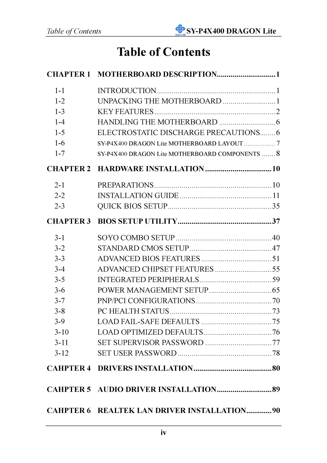 SOYO P4X400 specifications Table of Contents 