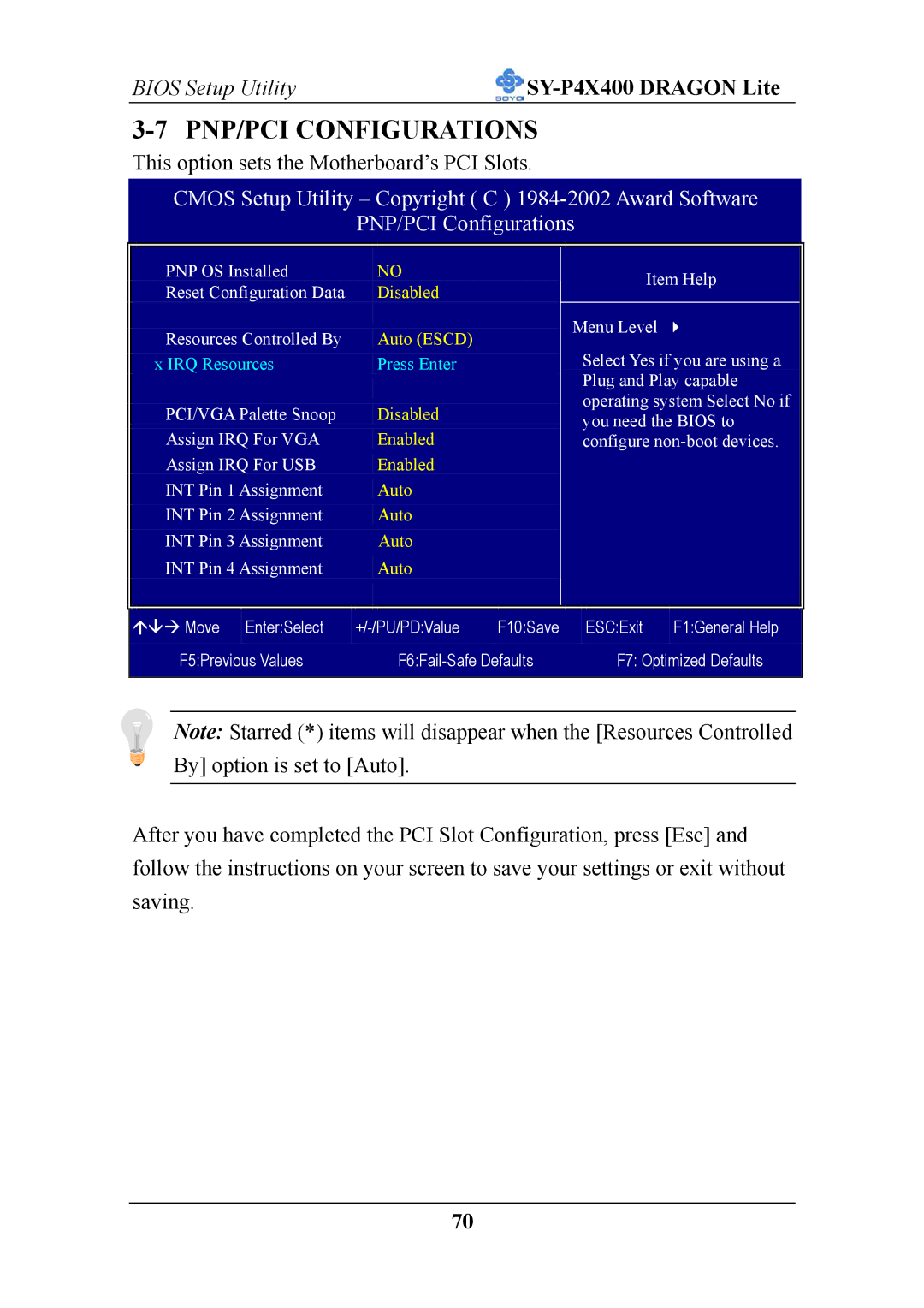 SOYO P4X400 specifications PNP/PCI Configurations 