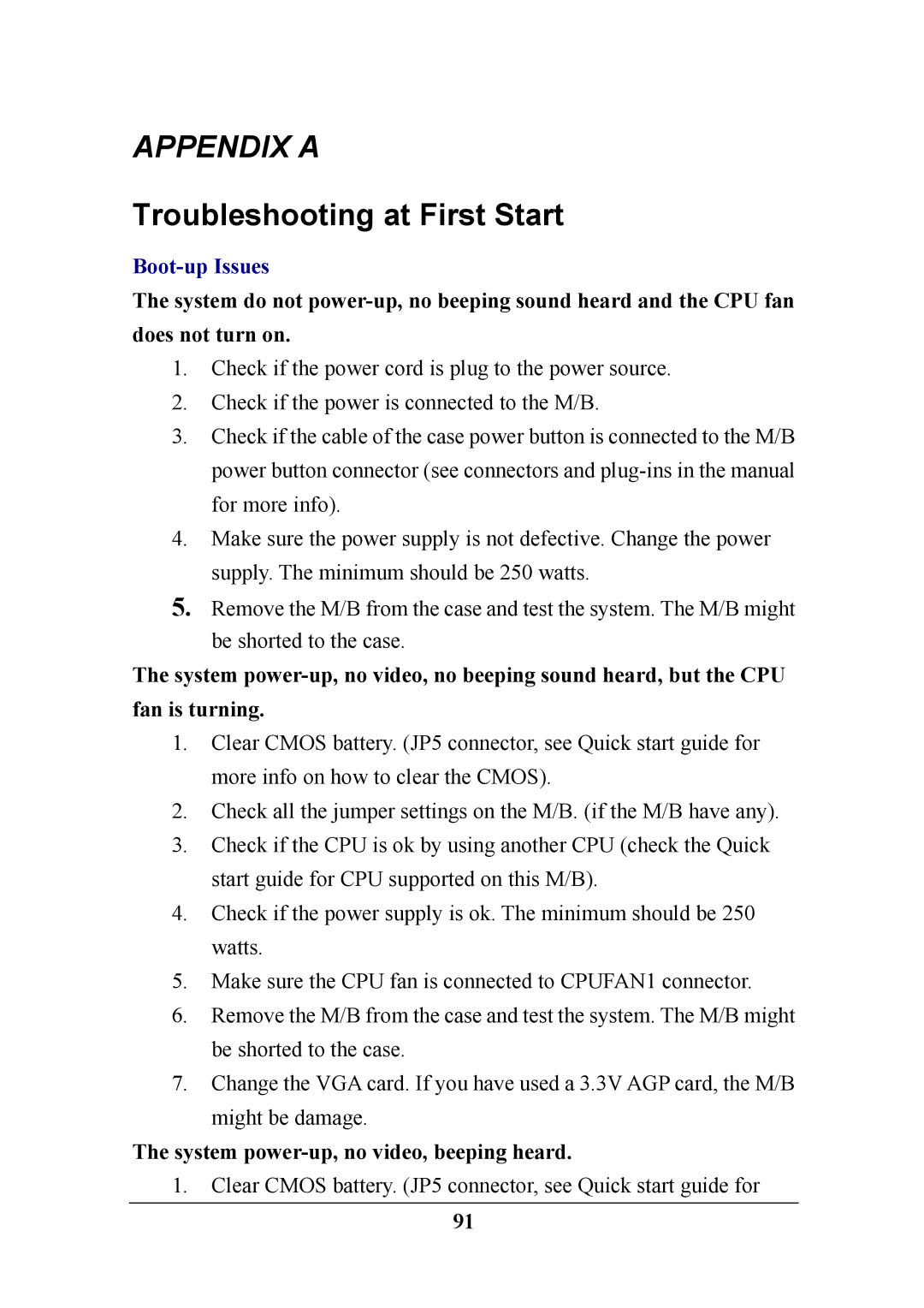 SOYO P4X400 specifications Appendix a, System power-up, no video, beeping heard 