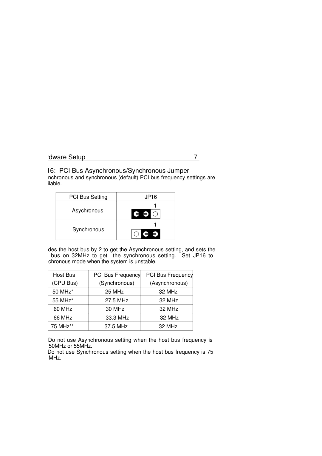 SOYO P55C, P54C manual JP16 PCI Bus Asynchronous/Synchronous Jumper 