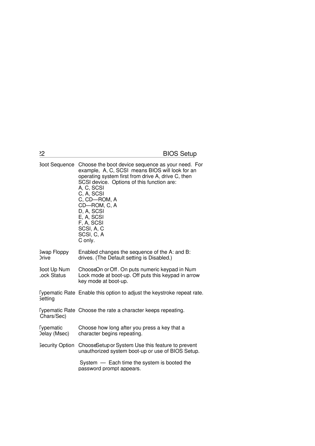 SOYO P54C, P55C manual Boot Sequence, Swap Floppy, Drive, Boot Up Num, Lock Status, Setting, Chars/Sec 