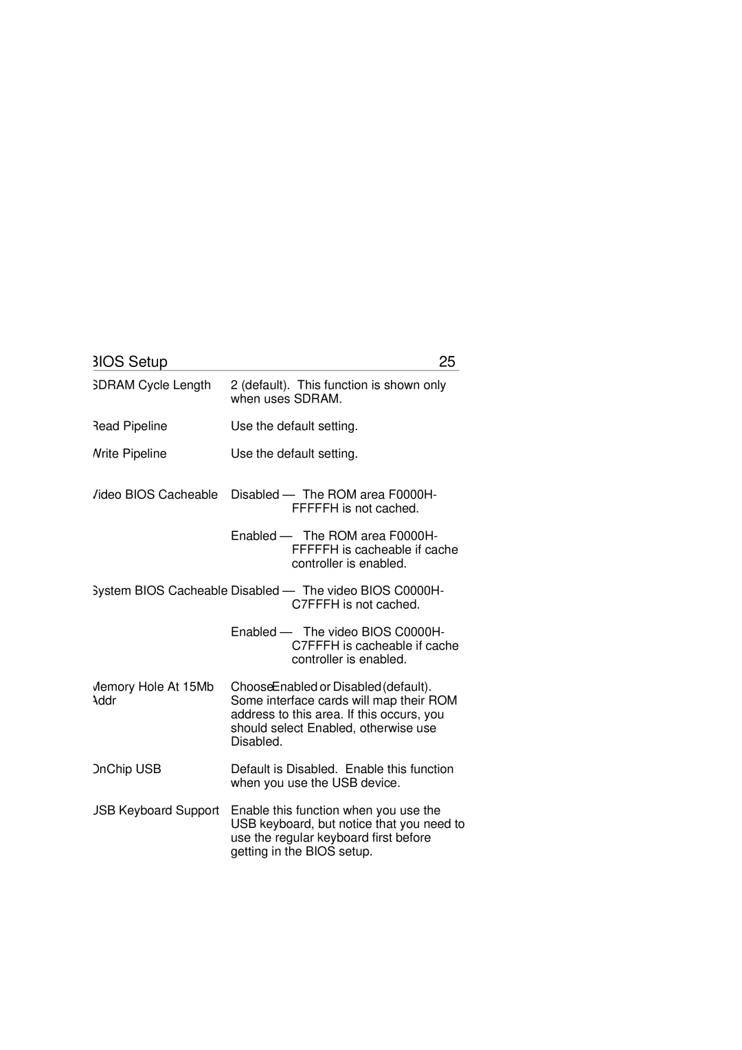 SOYO P55C Sdram Cycle Length, Read Pipeline, Write Pipeline, Video Bios Cacheable, Memory Hole At 15Mb, Addr, OnChip USB 