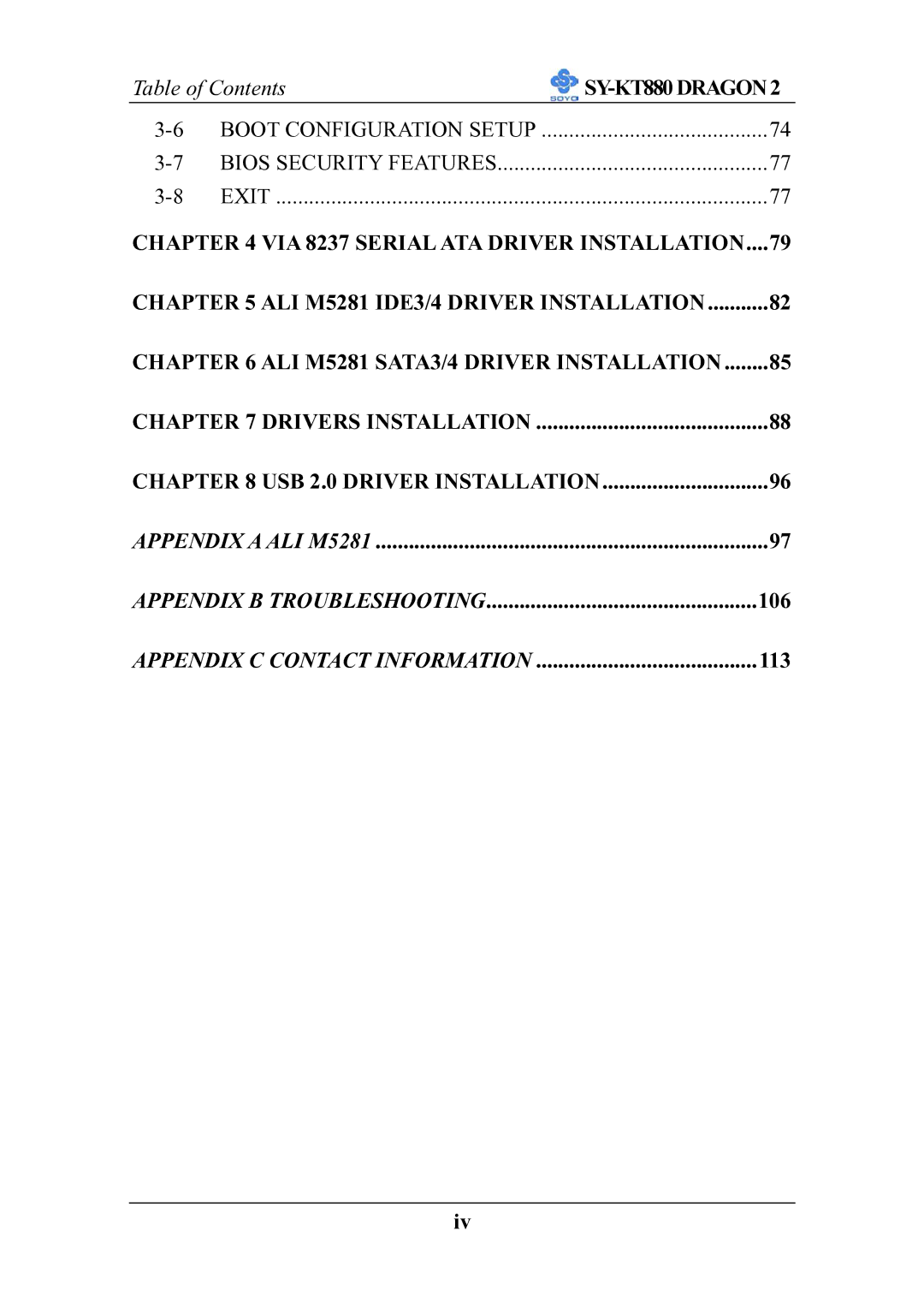 SOYO SOYOTM SY-KT880DRAGON2 manual Table of Contents 