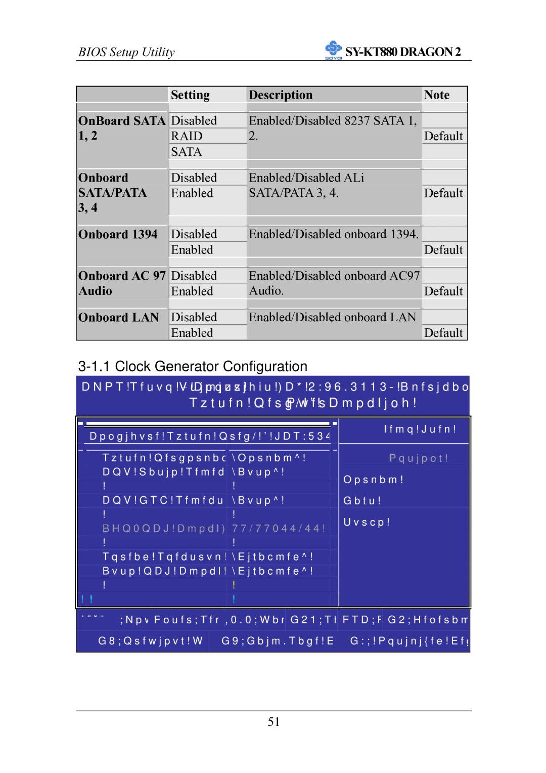 SOYO SOYOTM SY-KT880DRAGON2 manual Clock Generator Configuration, Onboard Onboard AC 97 Audio Onboard LAN 