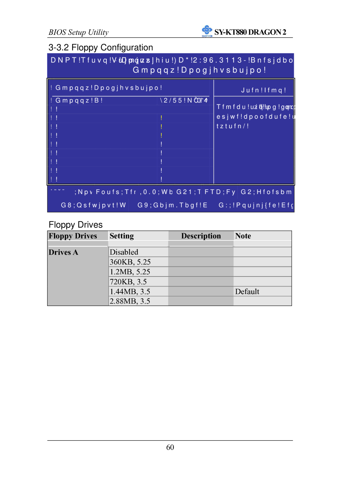 SOYO SOYOTM SY-KT880DRAGON2 manual Floppy Configuration, Floppy Drives Setting Description Drives a 