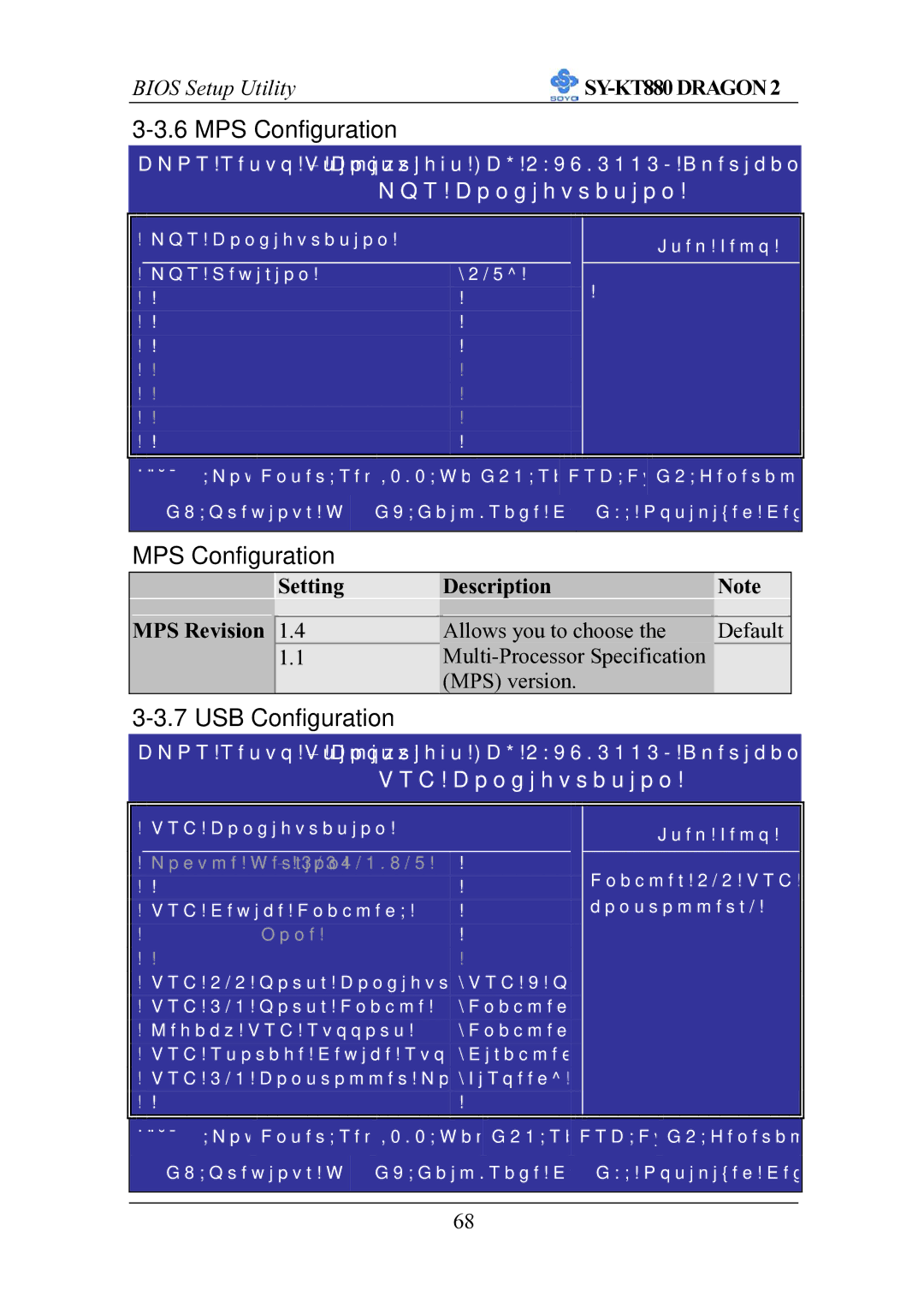 SOYO SOYOTM SY-KT880DRAGON2 manual MPS Configuration, USB Configuration, Setting Description MPS Revision 