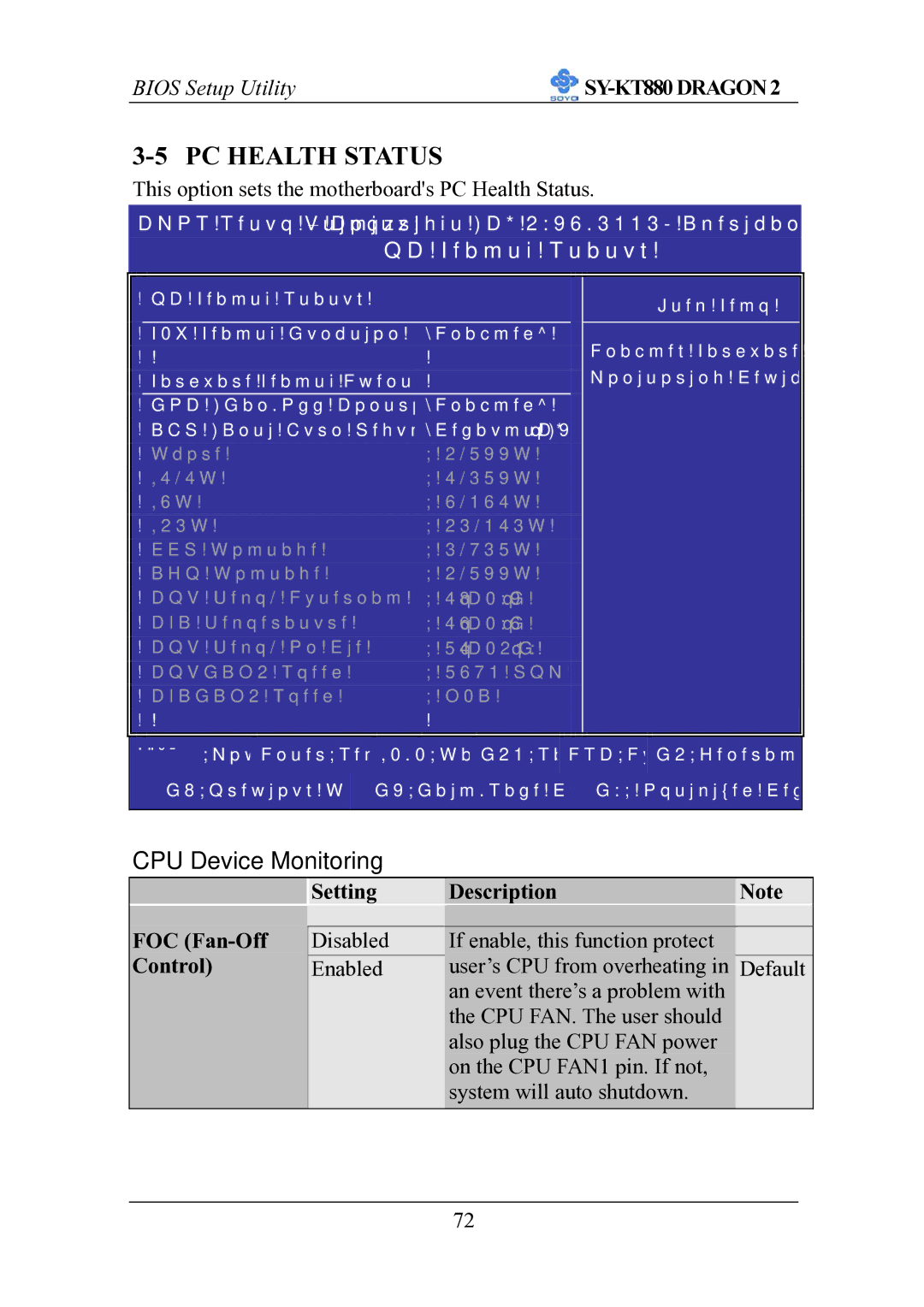 SOYO SOYOTM SY-KT880DRAGON2 manual PC Health Status, CPU Device Monitoring, Setting Description FOC Fan-Off, Control 