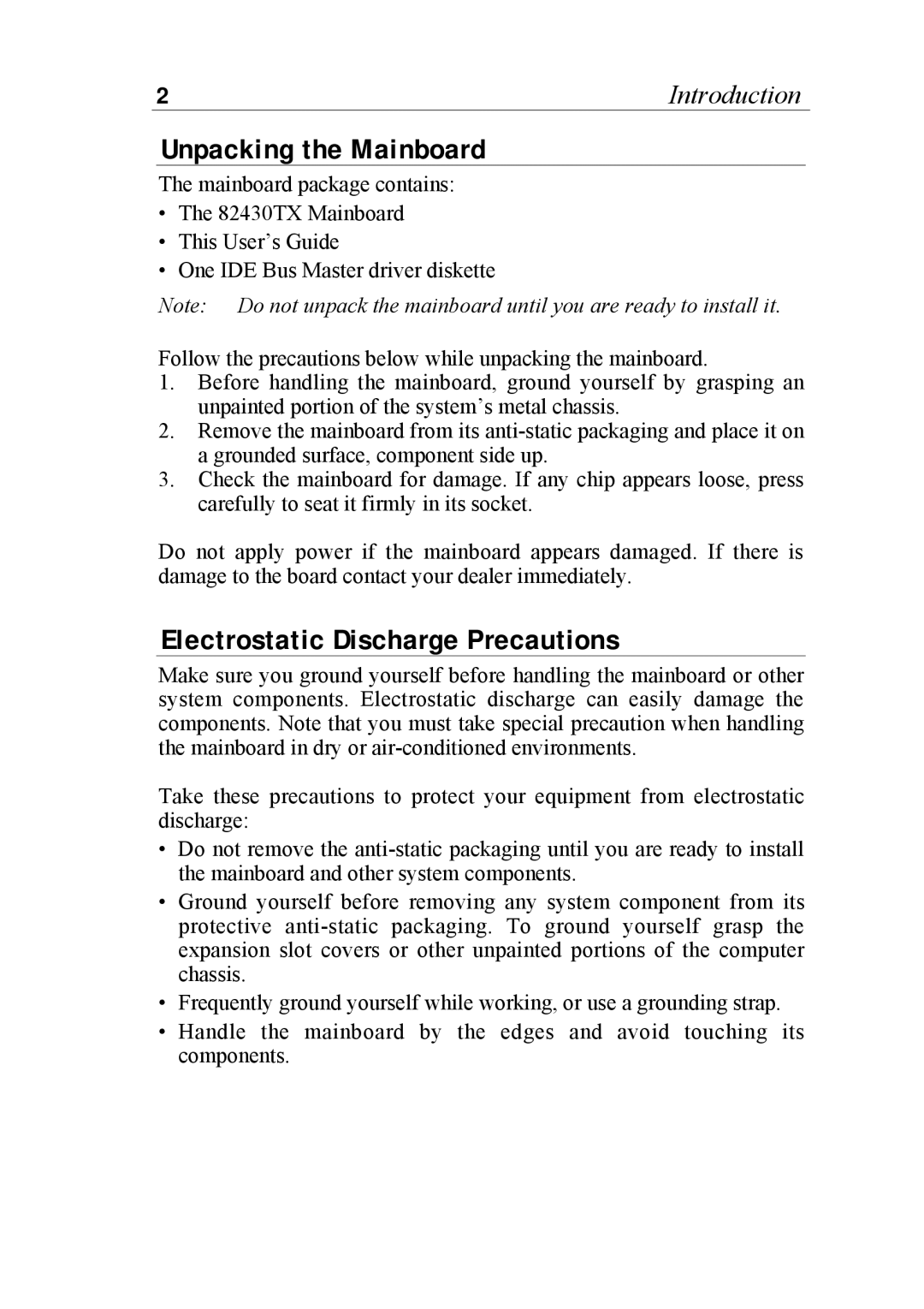 SOYO SOYOTM manual Unpacking the Mainboard, Electrostatic Discharge Precautions 