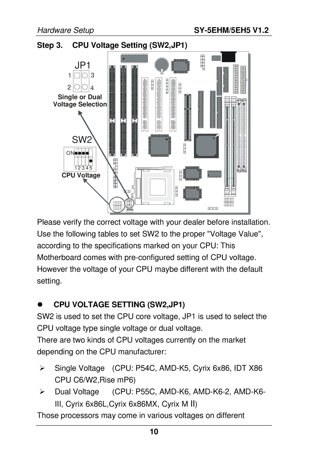 SOYO 5EHM V1.2, SY-5EH5 manual CPU Voltage Setting SW2,JP1 