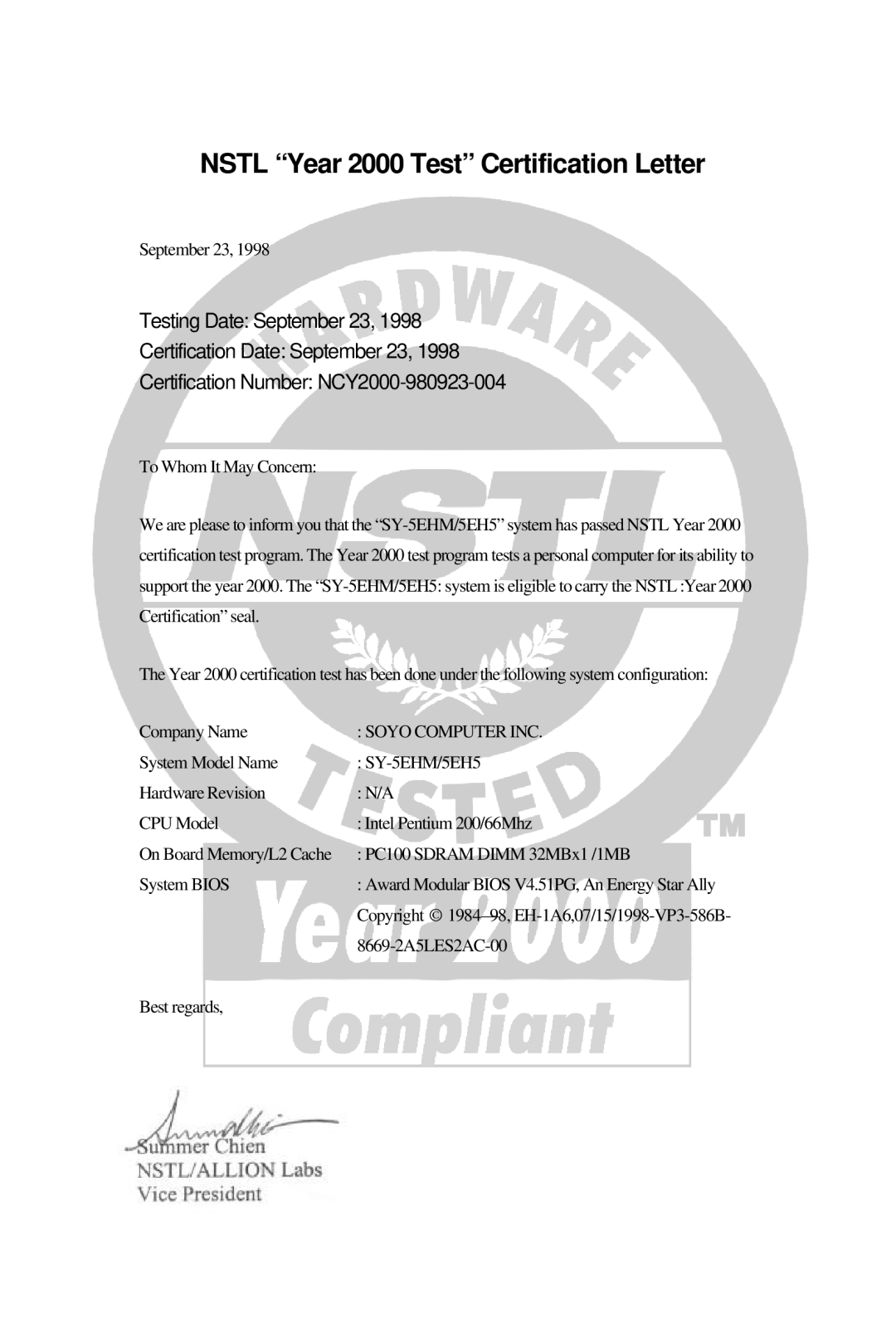 SOYO SY-5EH5, 5EHM V1.2 manual Nstl Year 2000 Test Certification Letter 